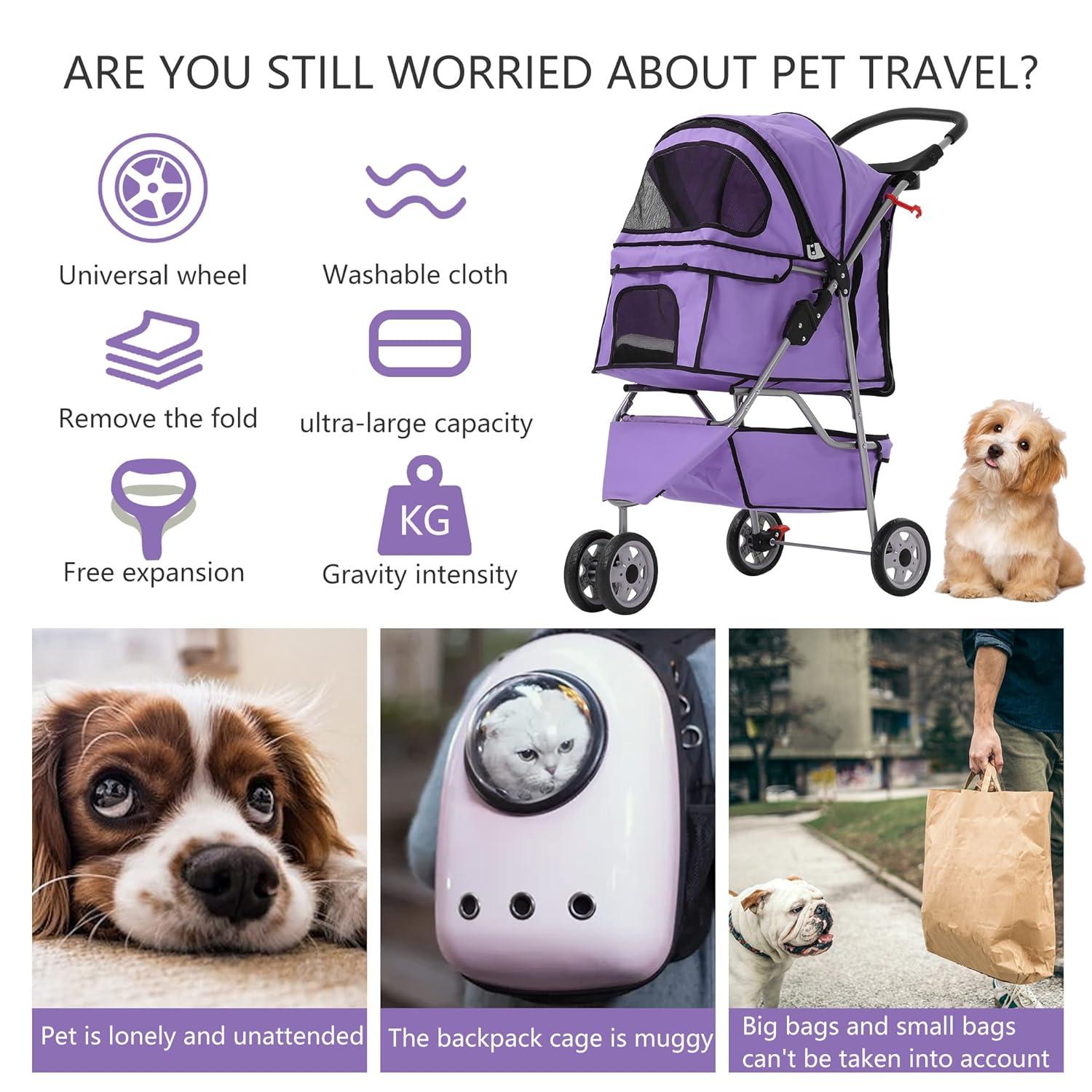 YRLLENSDAN Dog Stroller Cat Stroller Pet Strollers for Small Medium Dogs Foldable Travel Dog Cart 3 Wheels Waterproof, Purple