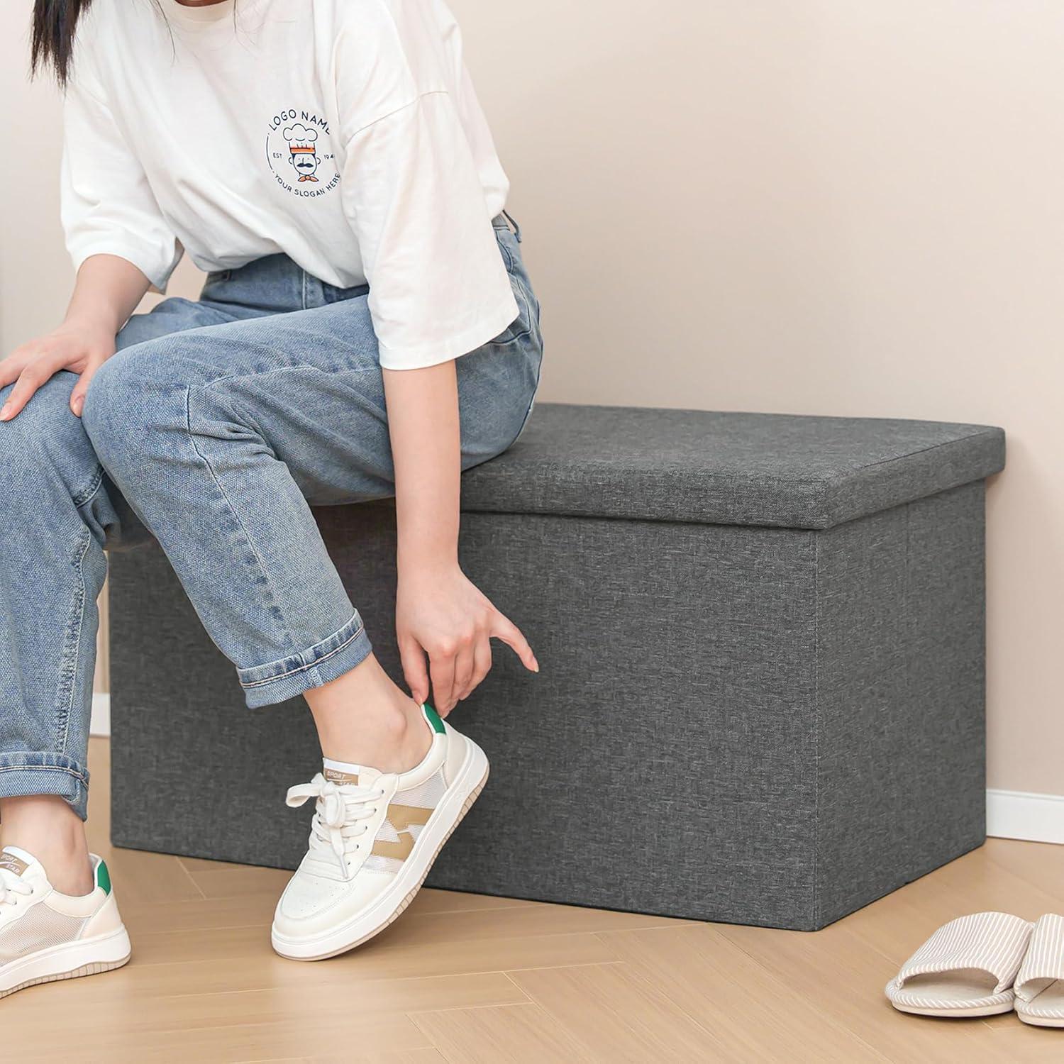 Folding Storage Ottoman Bench, Grey Storage Ottoman with Lid Tray, 30 inches Ottoman Coffee Table Cube Chair Foot Rest Stool Storage Toy Chest for Living Room Bedroom, Holds up to 550 lb