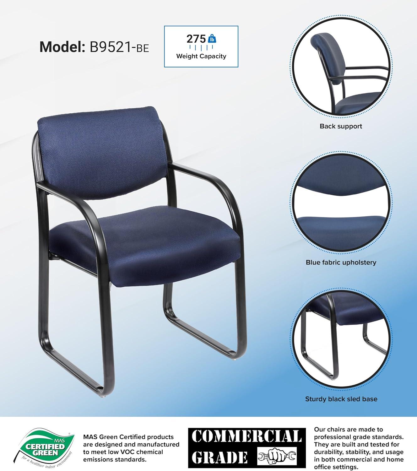 Sled Base Guest Chair Blue - Boss: Sturdy Metal Frame, Padded Back & Seat, Fixed Height