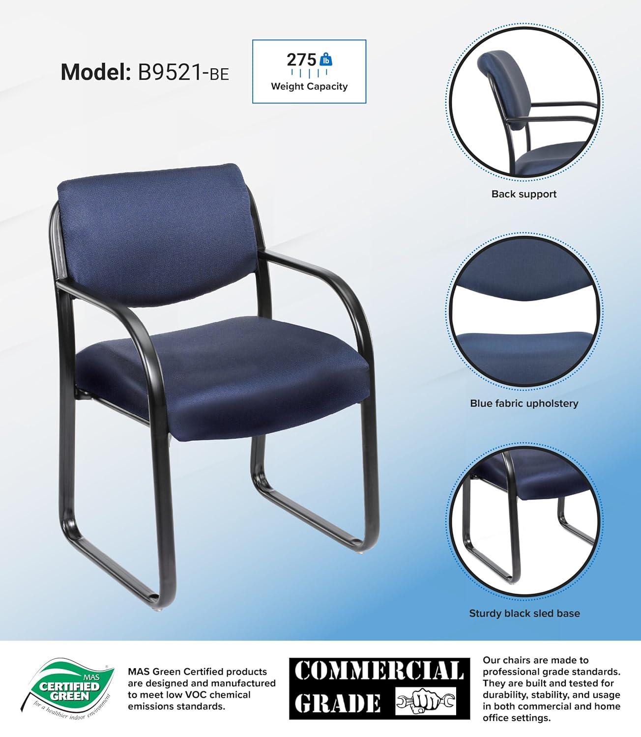Sled Base Guest Chair Blue - Boss: Sturdy Metal Frame, Padded Back & Seat, Fixed Height