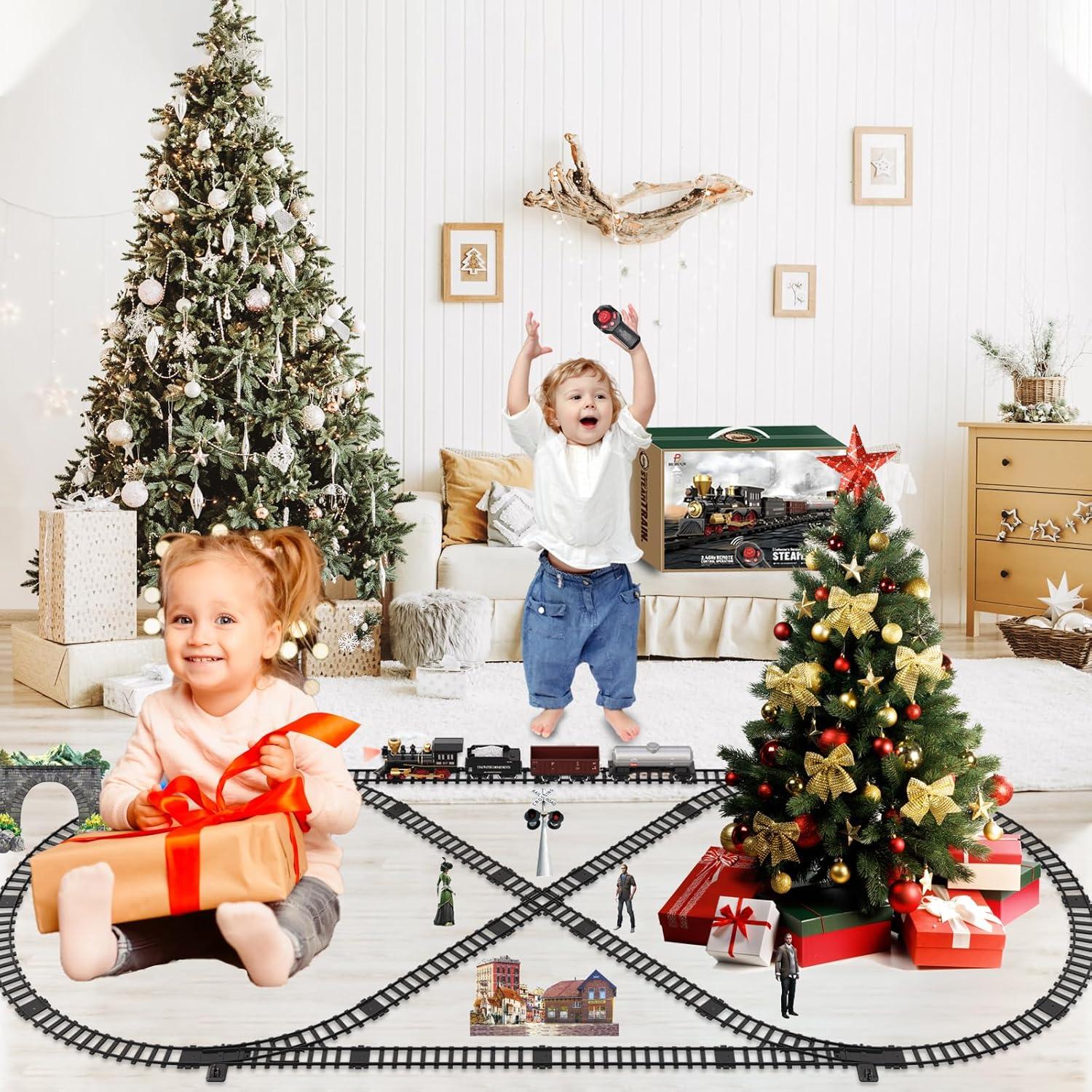 Train Set for Kids Remote Control Christmas Train Toys w/Steam Locomotive,Passenger Carriage & Luxury Tracks, Electric Trains w/Realistic Smoke,Sounds & Lights, Birthday Gift for Boys Girls 3 4 5 6 7