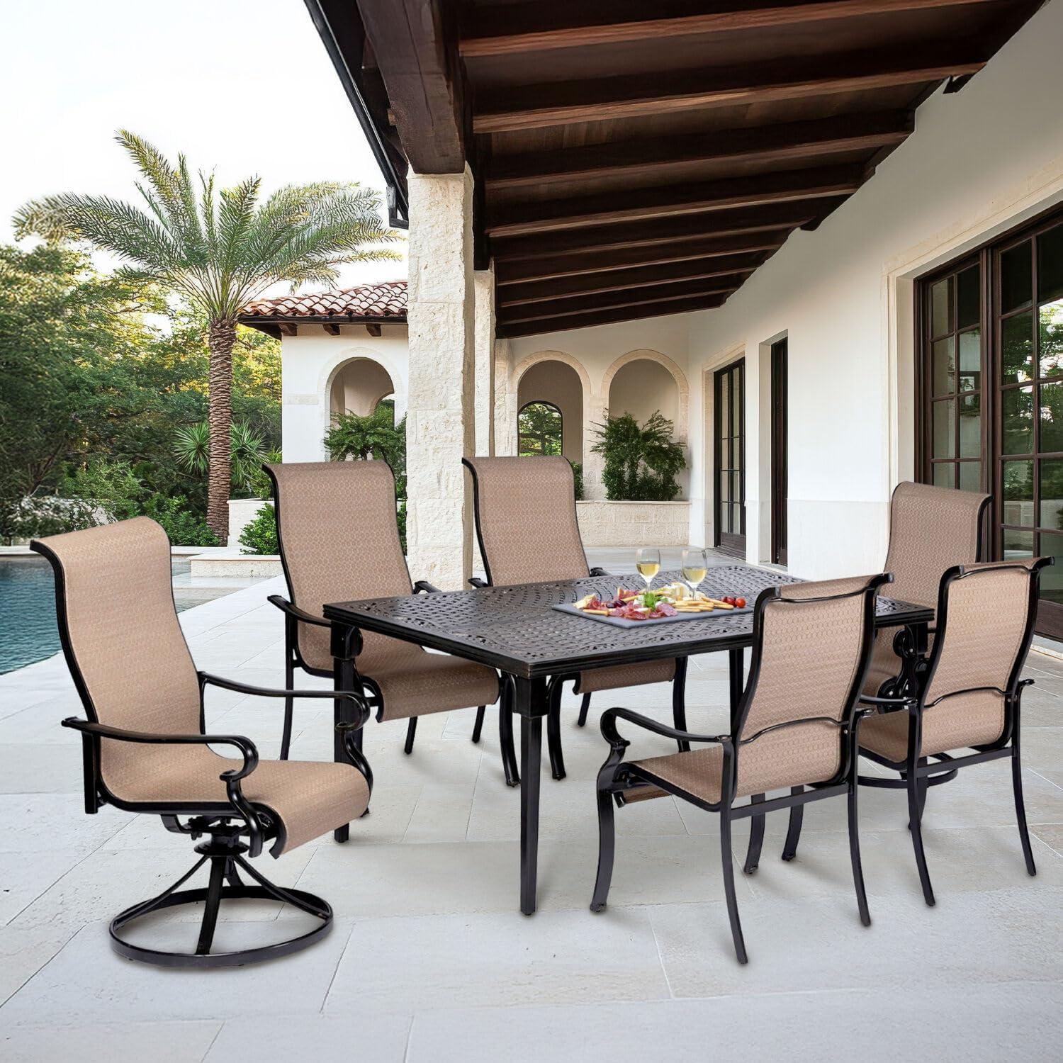 Hanover Brigantine Juego de Comedor Moderno para Exteriores de 7 Piezas / 4 Sillas con Cabestrillo, 2 Balancines Giratorios / Mesa con Tapa de 40'' x 70'' / Clima, Xido, Resistente a UV / Bronceado / BRIGDN7PCSW-2