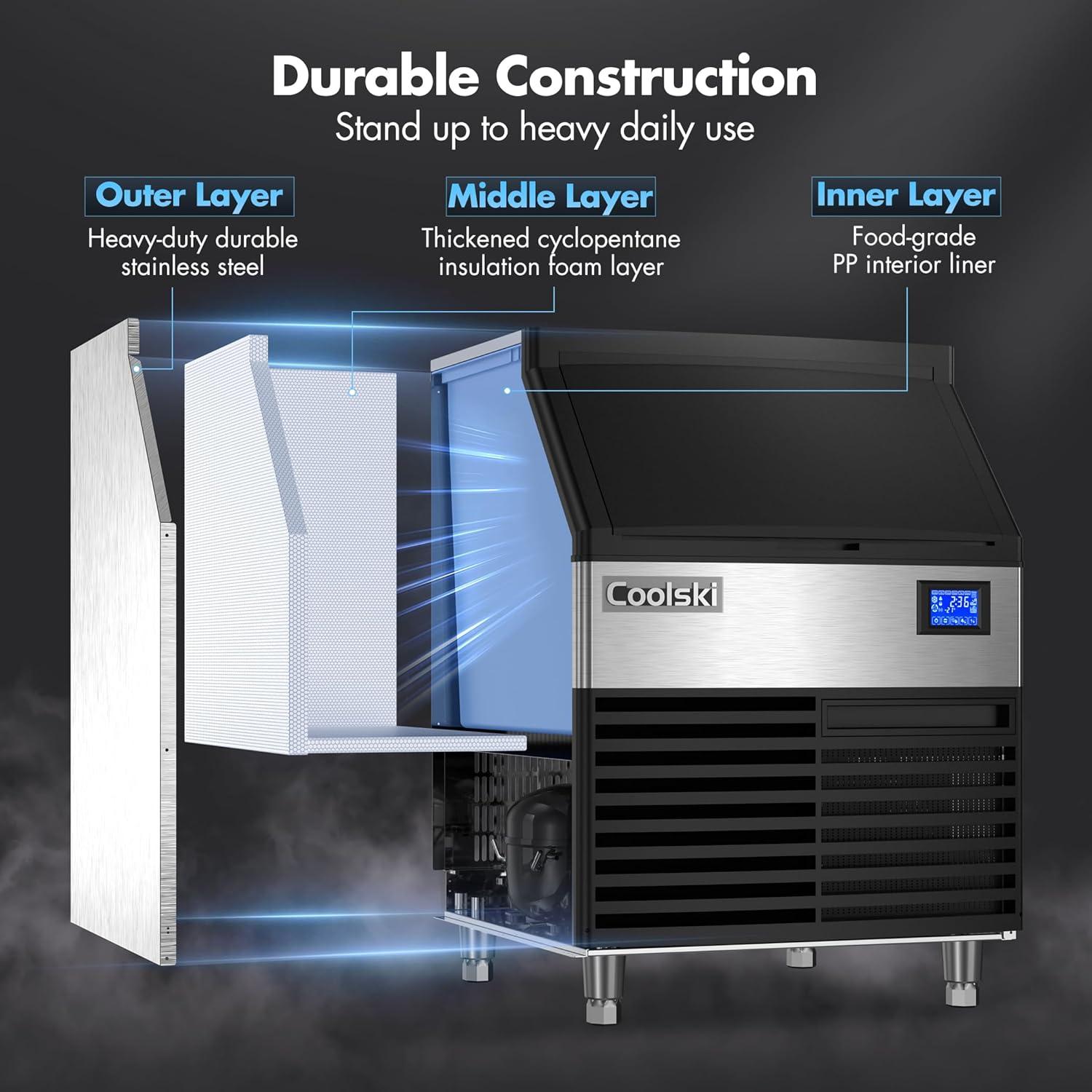 Coolski Commercial Ice Maker 200lbs/24h, 26’’ Under Counter Ice Machine with 80lbs Storage Capacity
