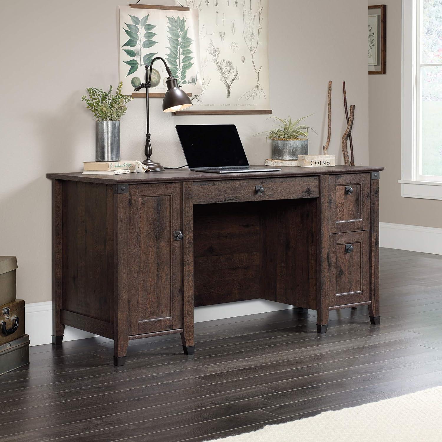 Executive Coffee Oak Workstation with Drawer and Filing Cabinet