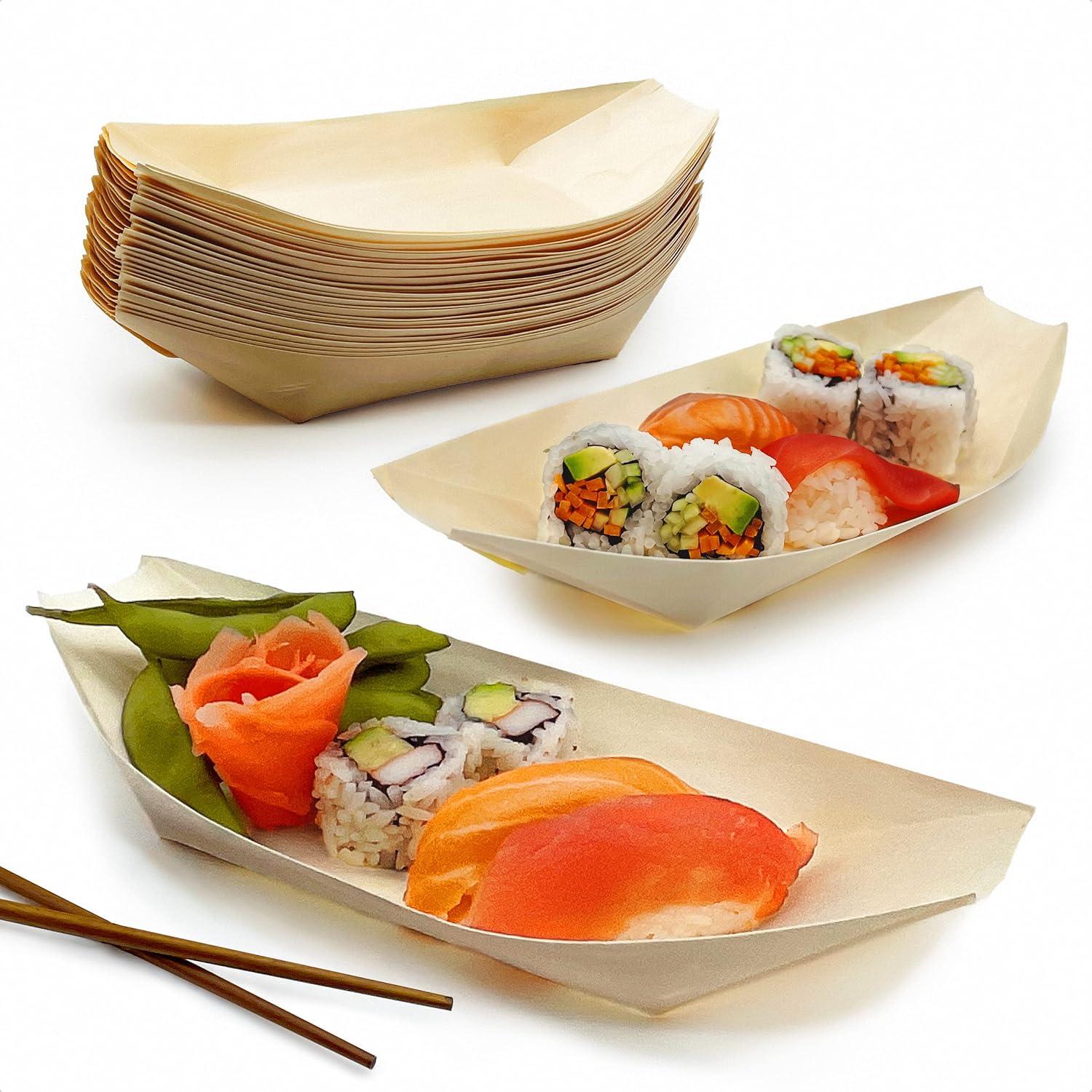 Avant Grub 10" Disposable Serving Tray Wooden Sushi Boat Set - 25 Pk