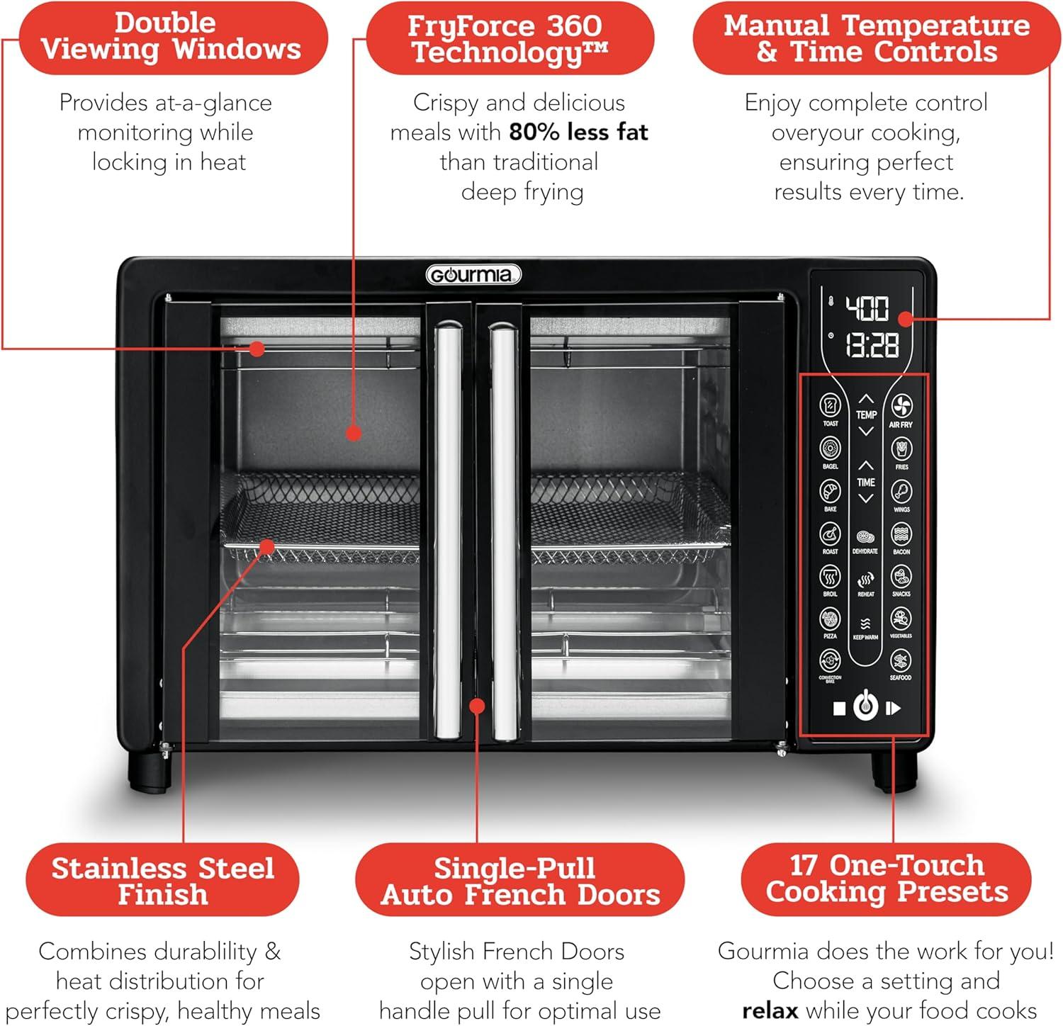 Gourmia 26 QT Air Fryer Convection Oven Combo, 17-1 Countertop Toaster Oven, Bake, Toast, Roast, Broil, Dehydrate And More, XL Capacity, French Doors, Digital LCD Display