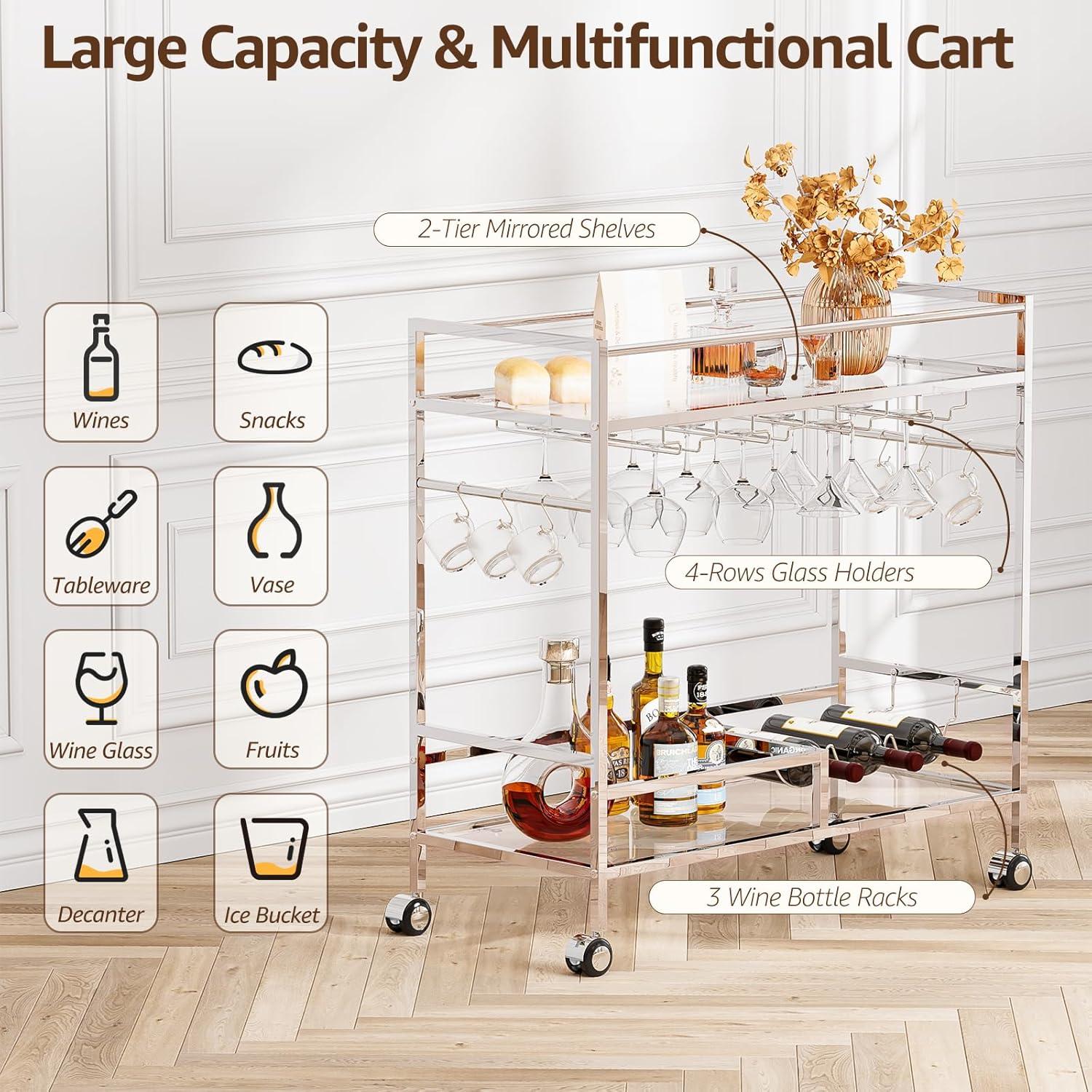 Bar Cart, Bar Serving Cart with Wheels, 2 Tier Bar Carts for The Home Kitchen Dining Room with Wine Rack and Glass Holder (Gold)