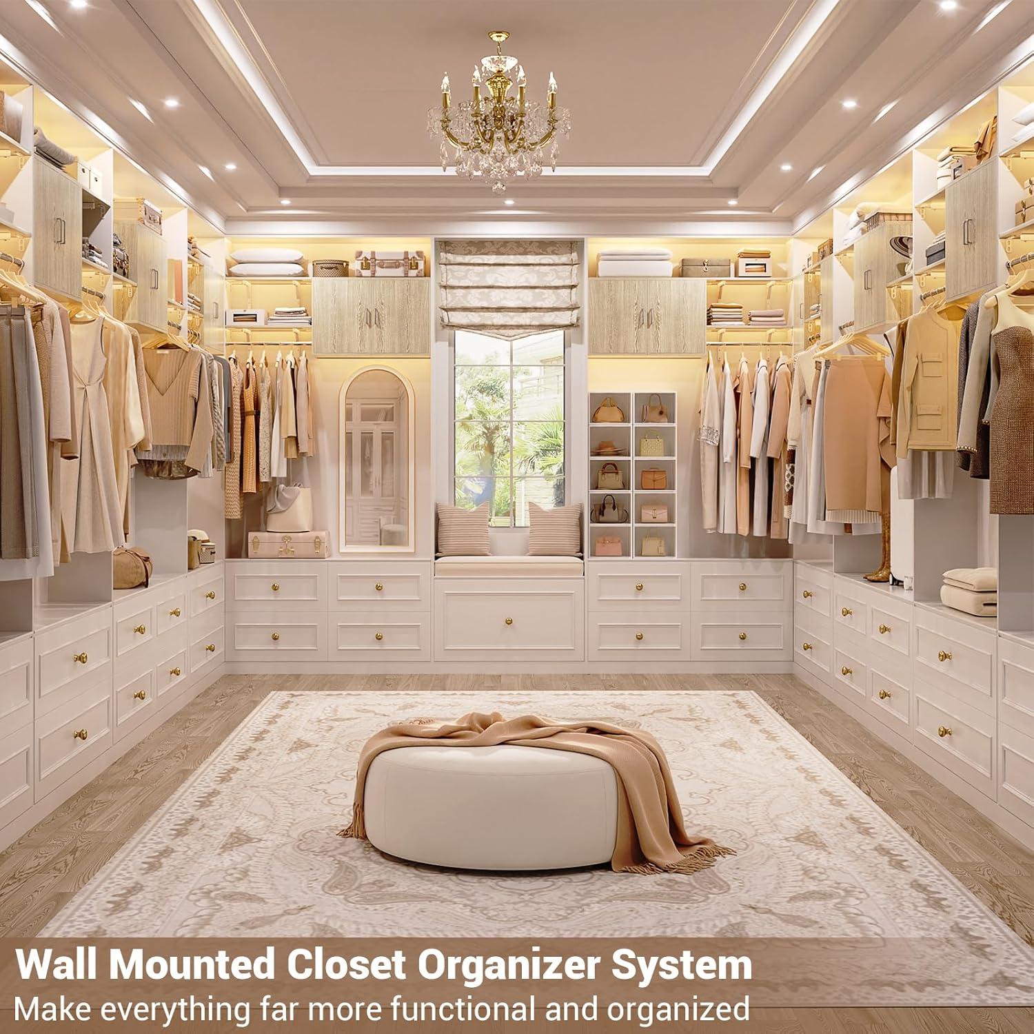 Cyclysio Wall Cabinet with Hanging Rods, 65''W Laundry Cabinet with 2 Doors & Shelves, Reversible Build-in Medicine Cabinet with Shelf Towers, Small Storage Cabinet for Laundry, Bedroom, White Oak