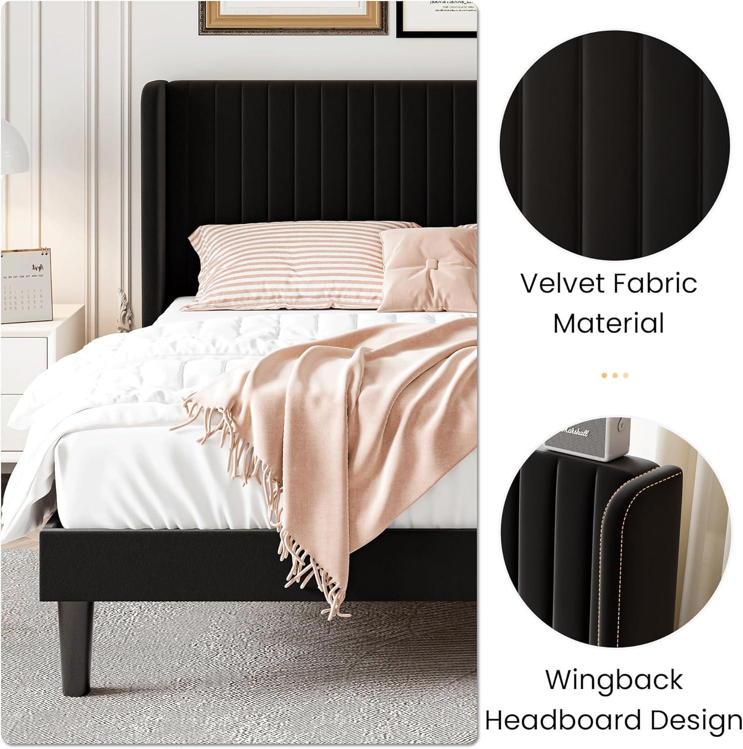 Full Size Black Velvet Upholstered Bed Frame with Tufted Headboard and Storage Drawer