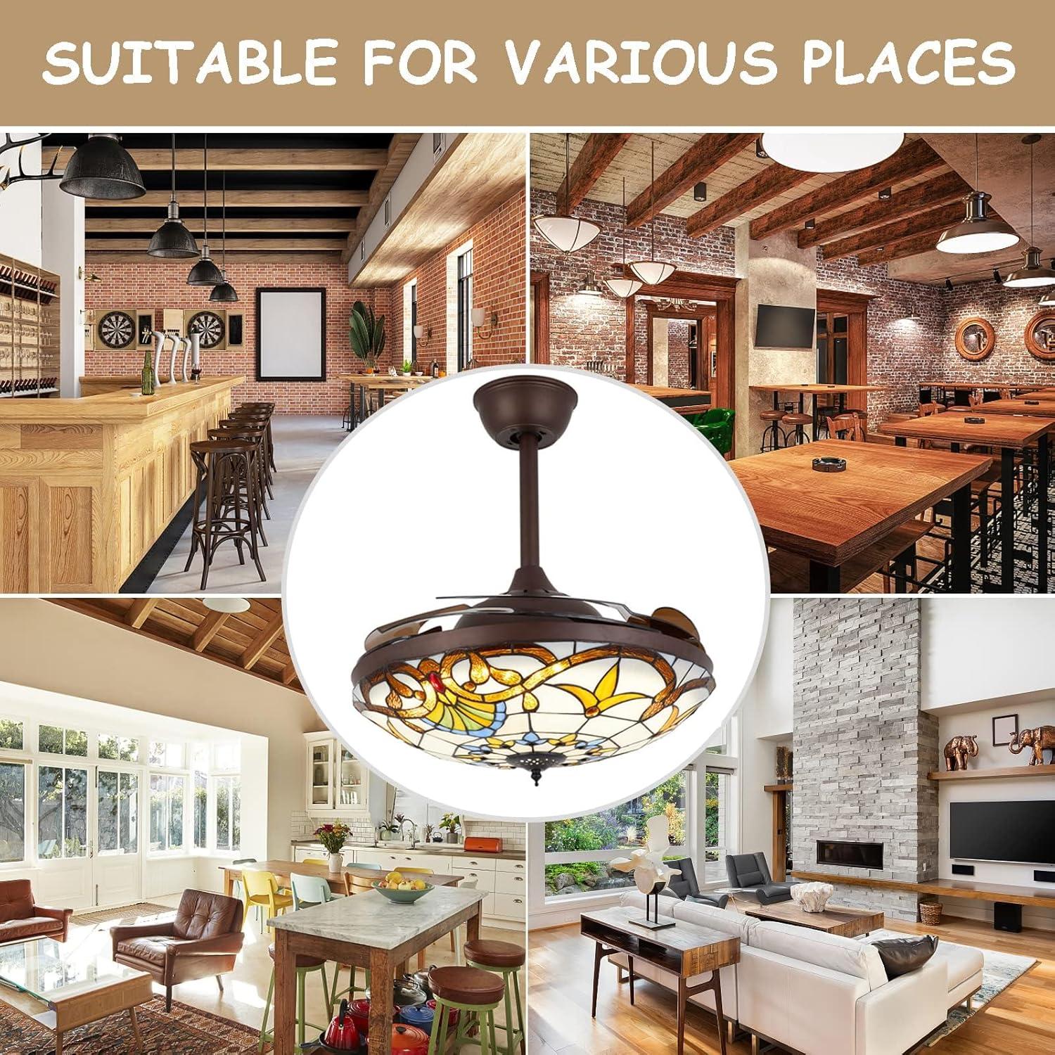 FETCOI 42"Tiffany Style Invisible Ceiling Fan with Lights and Remote Control Retractable Reverse Blades