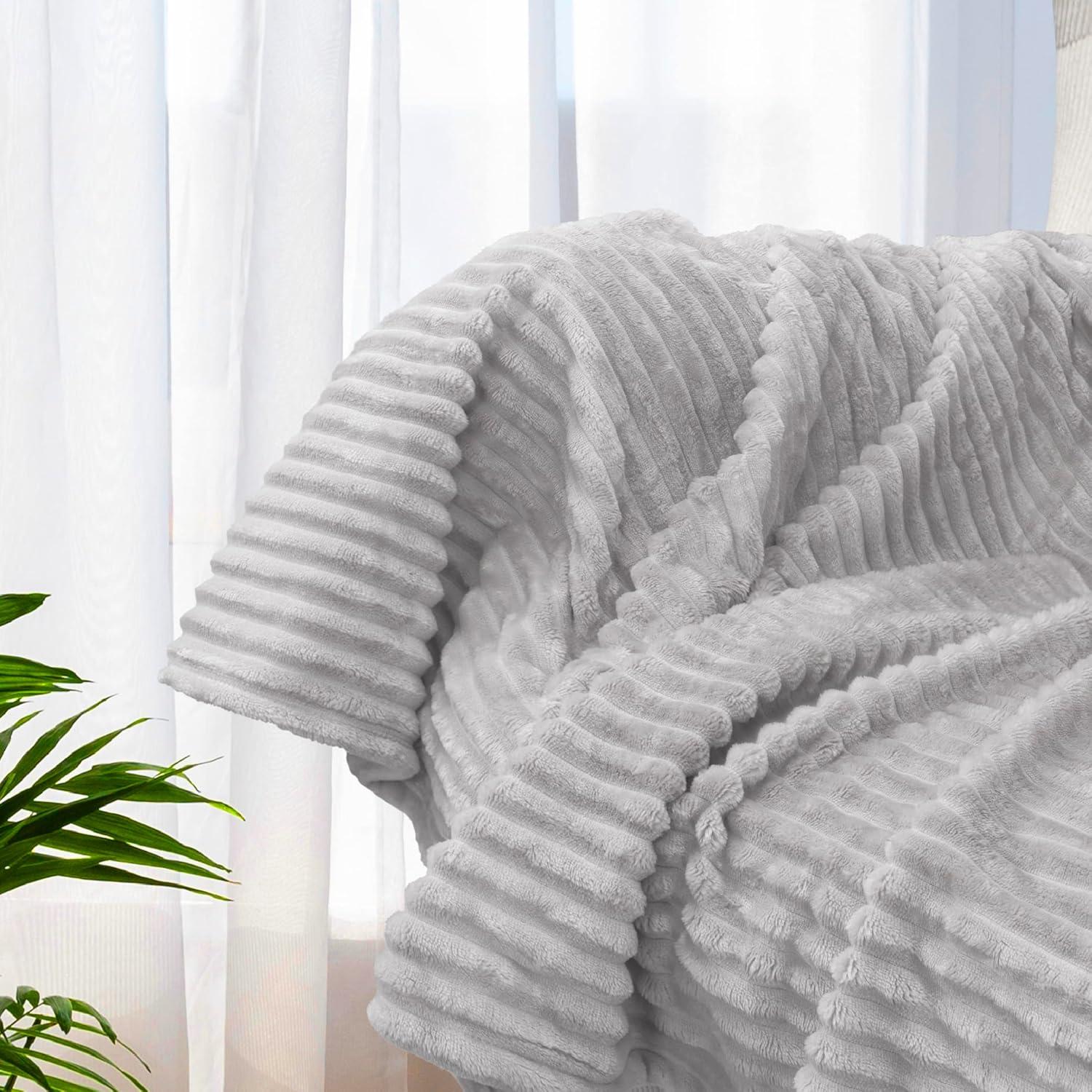 PAVILIA Super Soft Fleece Flannel Ribbed Striped Throw Blanket, Luxury Fuzzy Plush Warm Cozy for Sofa Couch Bed