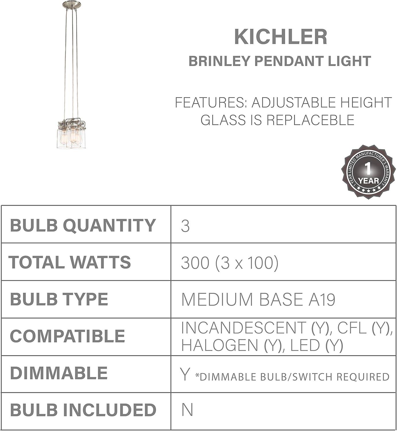 Brinley 7.75" 3 Light Pendant with Clear Glass Brushed Nickel