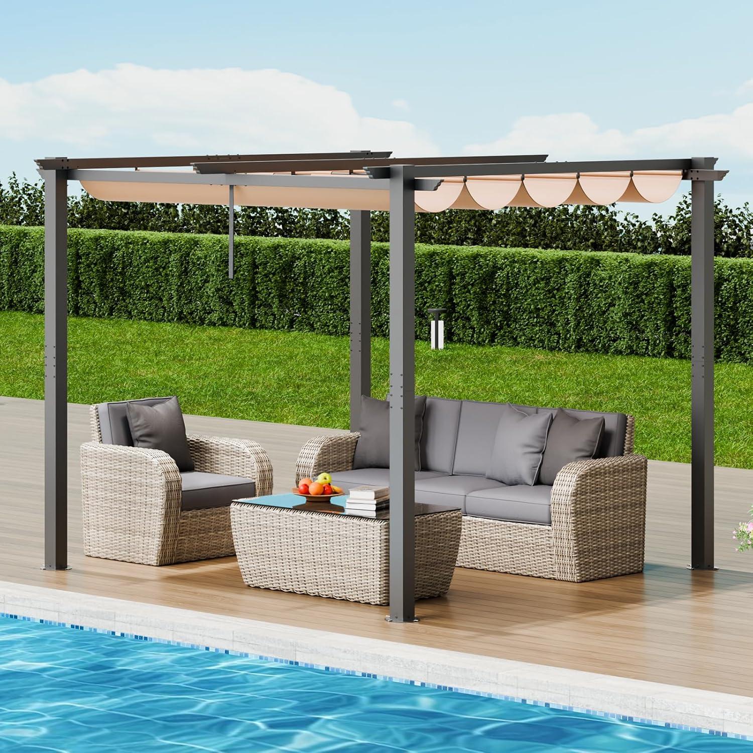 Beige Aluminum 10'x10' Retractable Pergola with Canopy