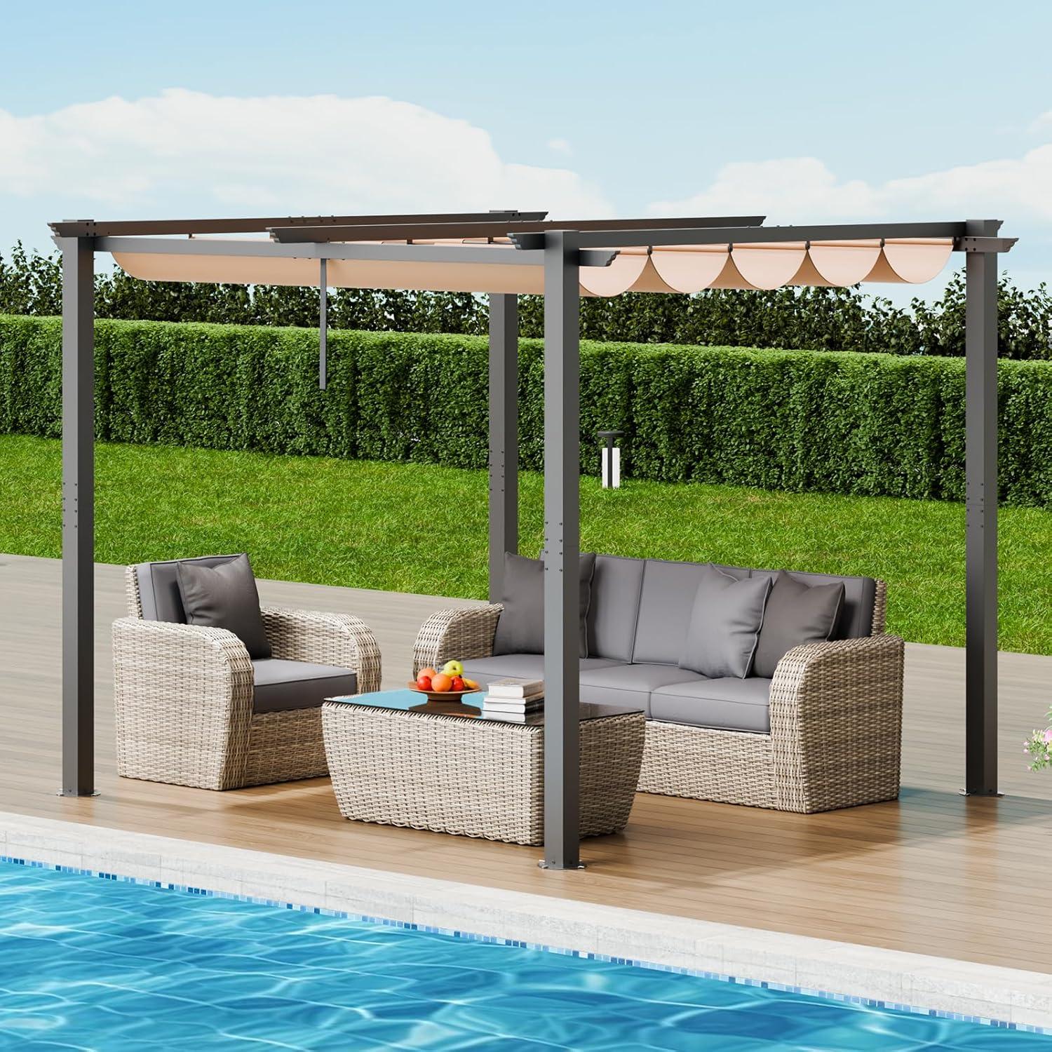 VEVOR 10'x10' Outdoor Retractable Pergola with Canopy, Aluminum Pergola with Retractable Canopy, Modern Pergola with Sun Shade Canopy for Patios, Gardens, Decks, Backyards (Beige)