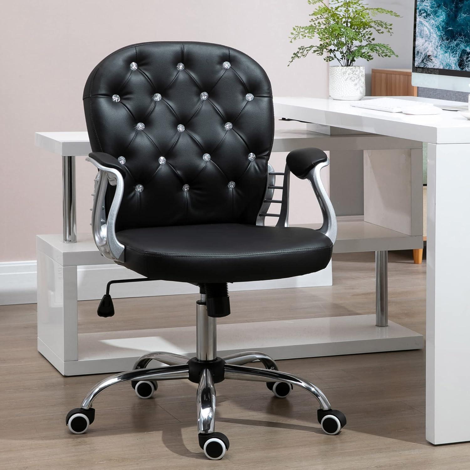 Vinsetto Vanity PU Leather Mid Back Office Chair Swivel Tufted Backrest Task Chair with Padded Armrests, Adjustable Height, Rolling Wheels, Beige