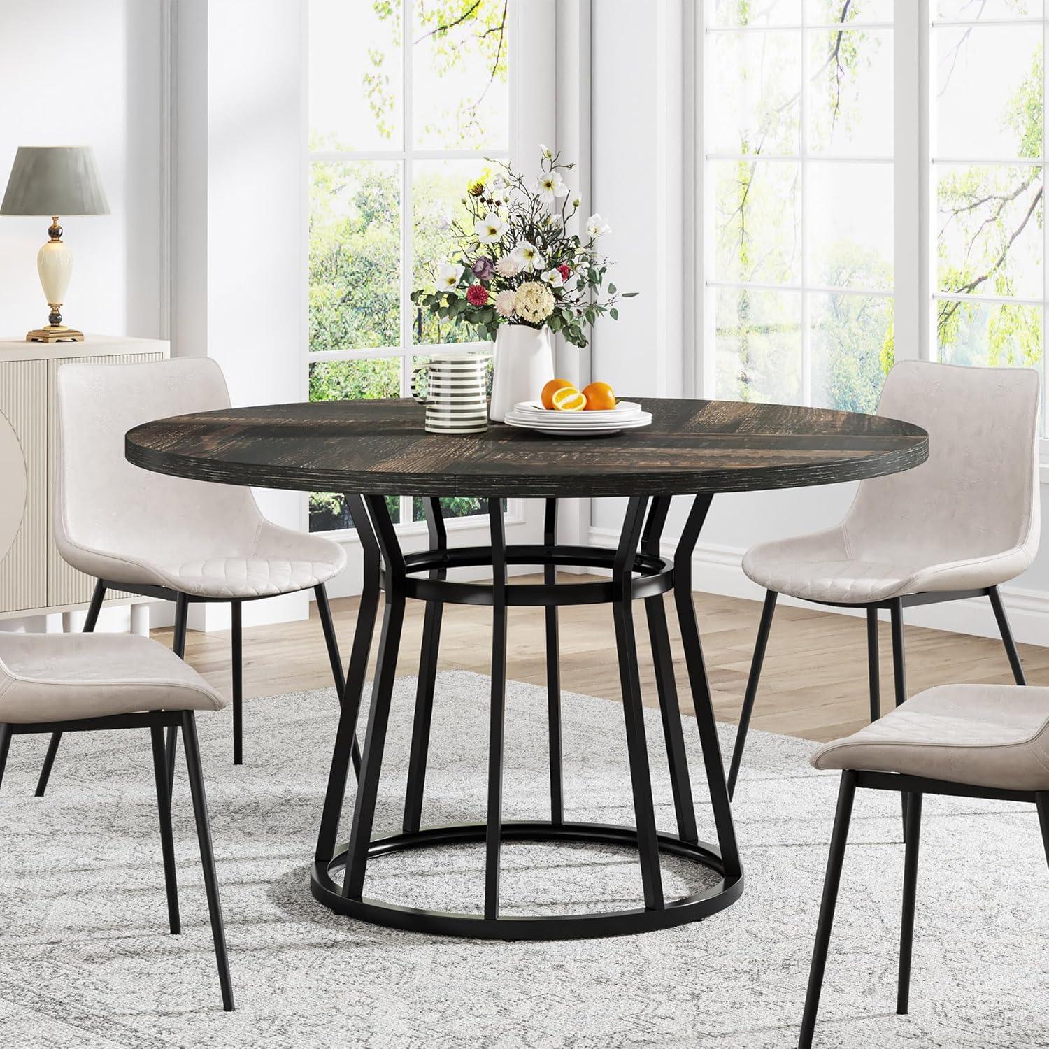 47-Inch Round Brown Wood Dining Table with Black Metal Base