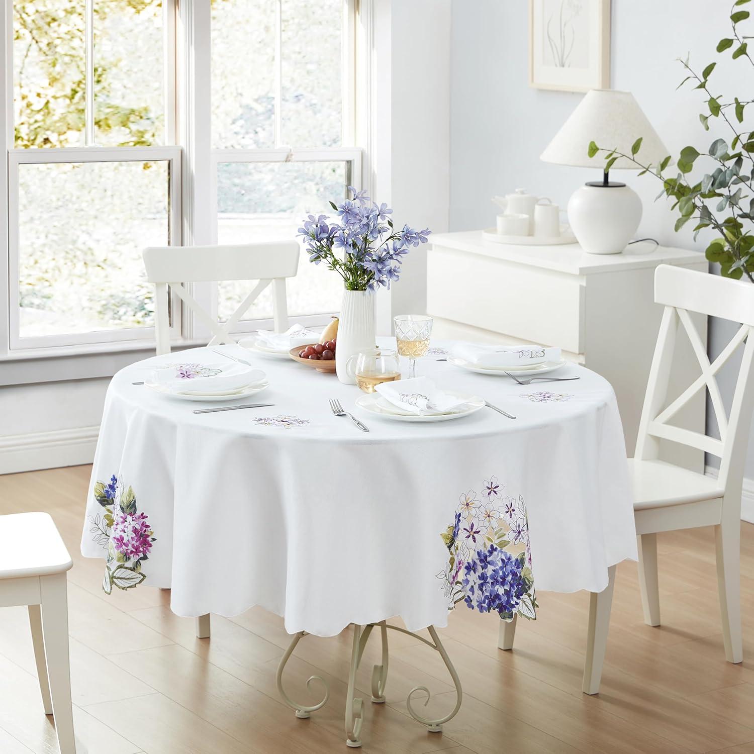 Spring Hydrangea Floral Cutwork Tablecloth - Multicolor - 70" Round - Elrene Home Fashions