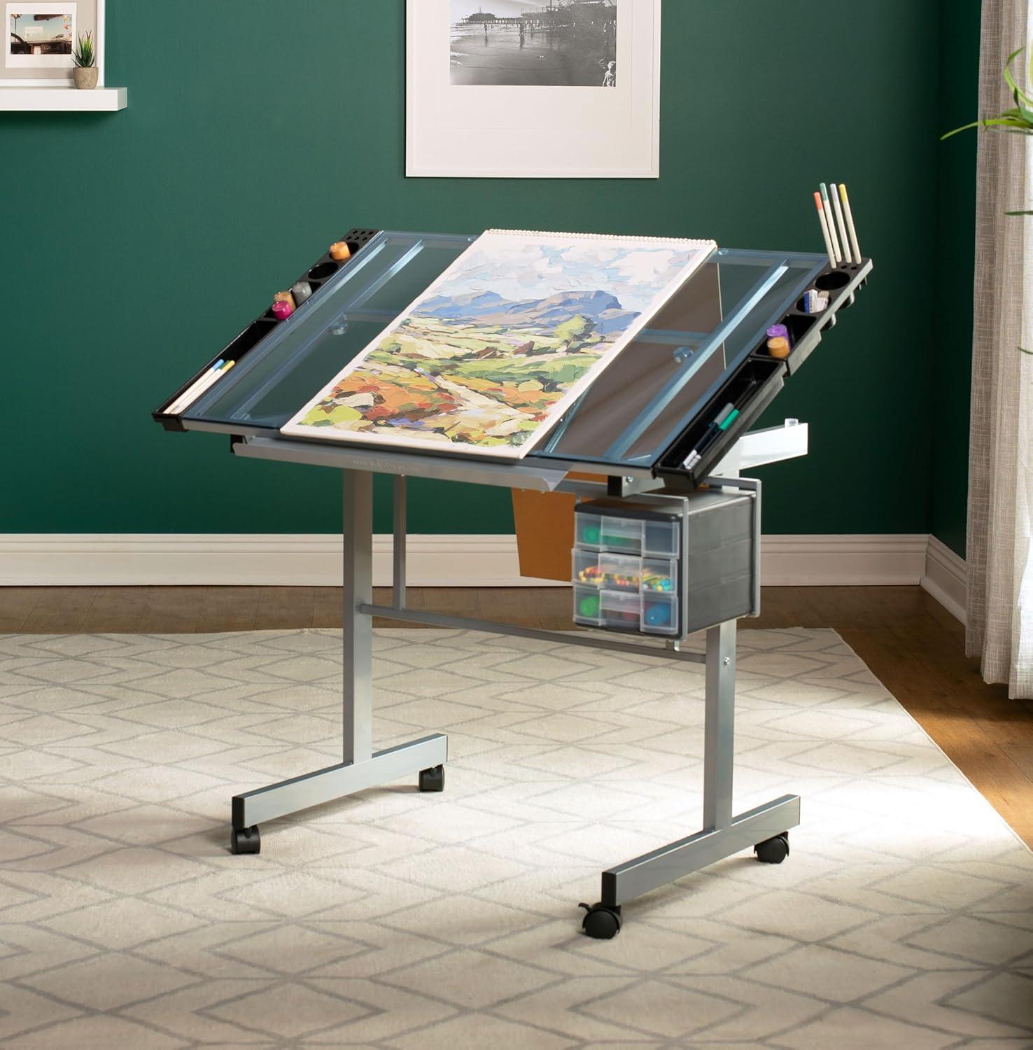 Inbox Zero Craddock Adjustable Glass Top Metal Base Drafting Table