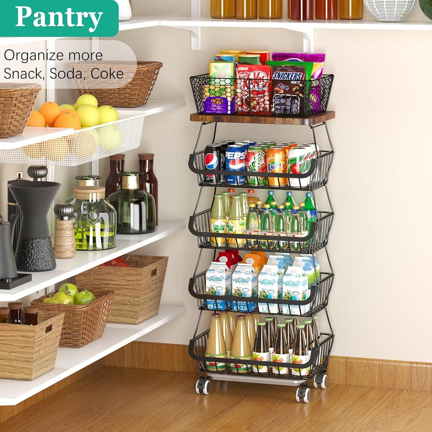 HYYYYH 5 Tier Fruit Vegetable Storage Baskets with Wood Stackable Storage Baskets Produce Storage Bins for Kitchen, Bathroom, Pantry