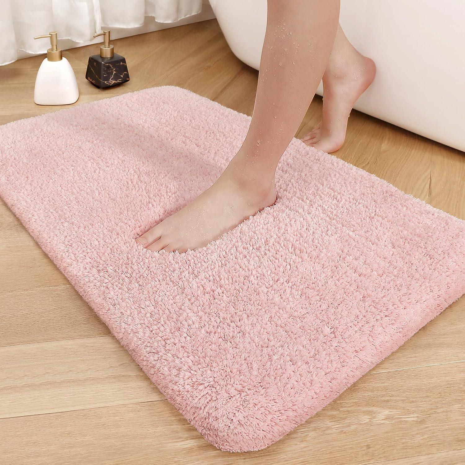 PABUBE Bathroom Rug Non-Slip Bathroom Mat 20"x32" Shag Bath Rugs w/1.6" Microfiber, Absorbent Bath Mat, Machine Washable, Pink