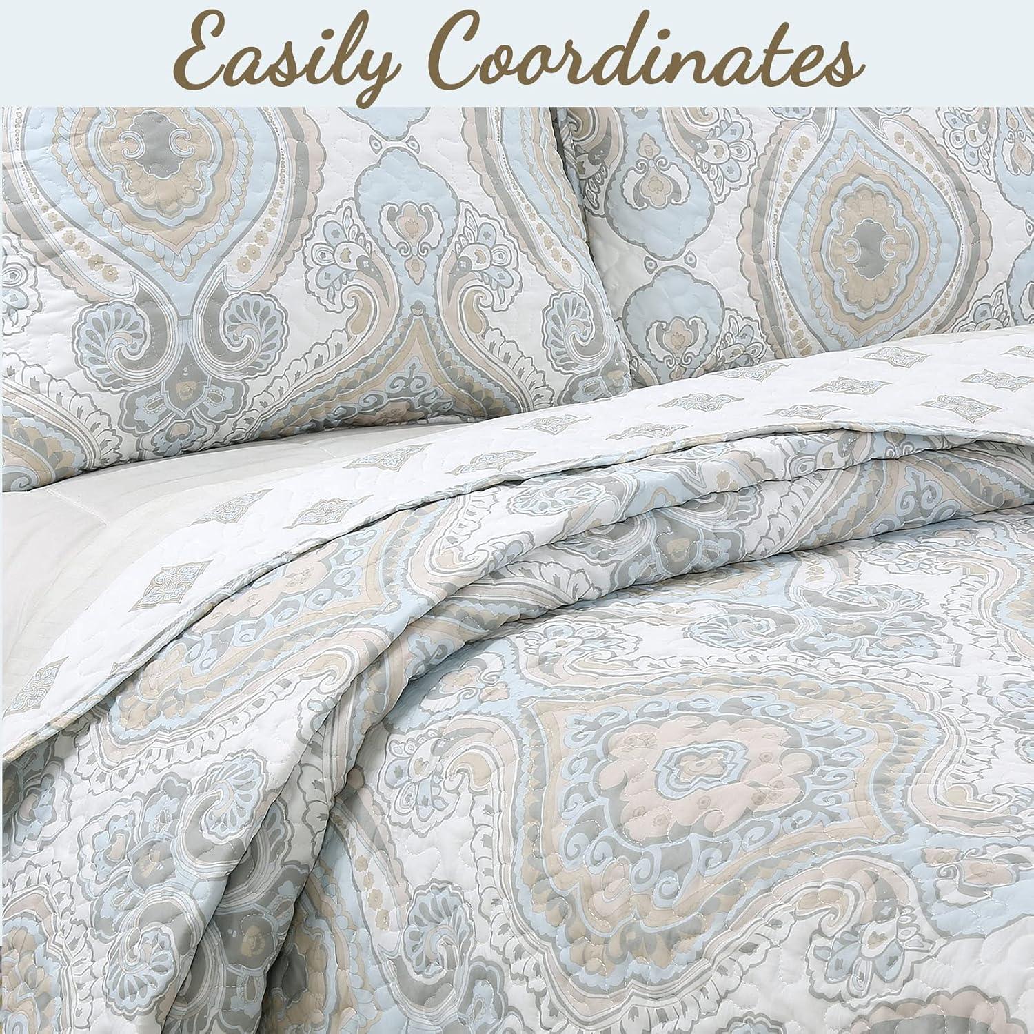 Cozy Line Home Fashion Modern Medallion Sky Blue Tan Gray Brocade Geometric Shapes Quilt Set
