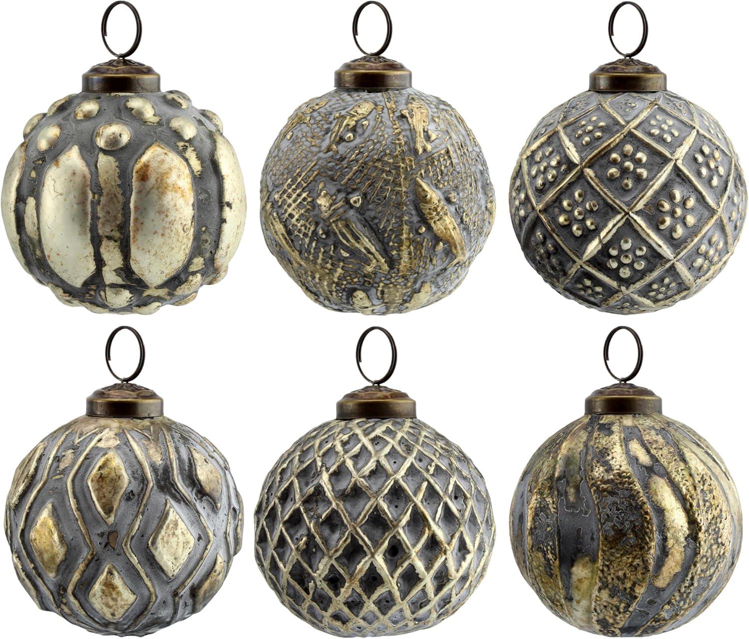 AuldHome Design Farmhouse Ball Christmas Ornaments, 6pc Set; Distressed Metal Ball Vintage Mercury Glass Style Rustic Holiday Decorations