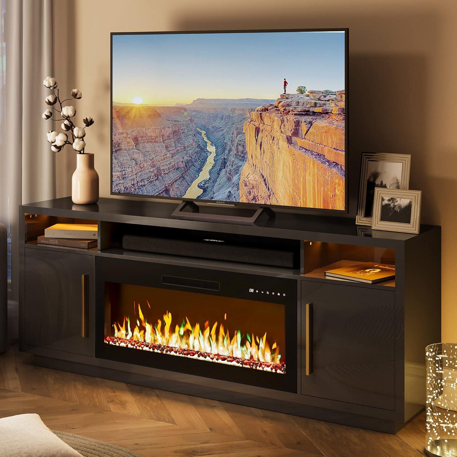 BELLEZE Fireplace TV Stand for TVs Up To 75", Entertainment Center with 36" Electric Fireplace, LED Ambient Lighting, and Storage, Media Console Table 69 Inch - Avenue (Black)