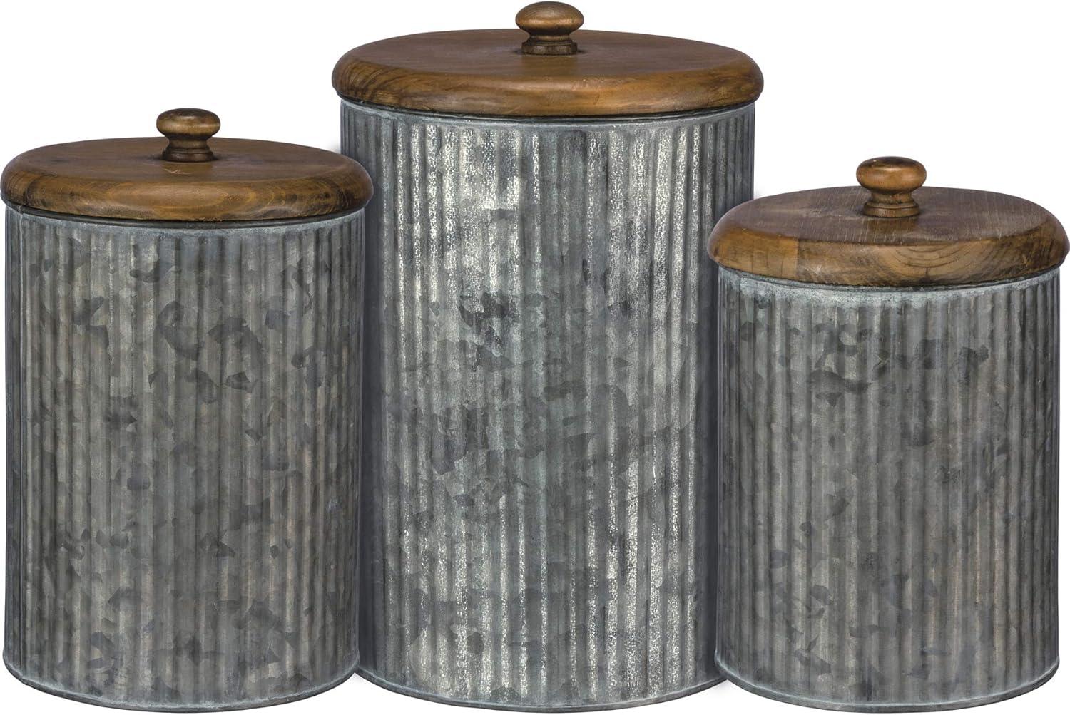 Rustic Silver Galvanized Metal and Wood Canister Set