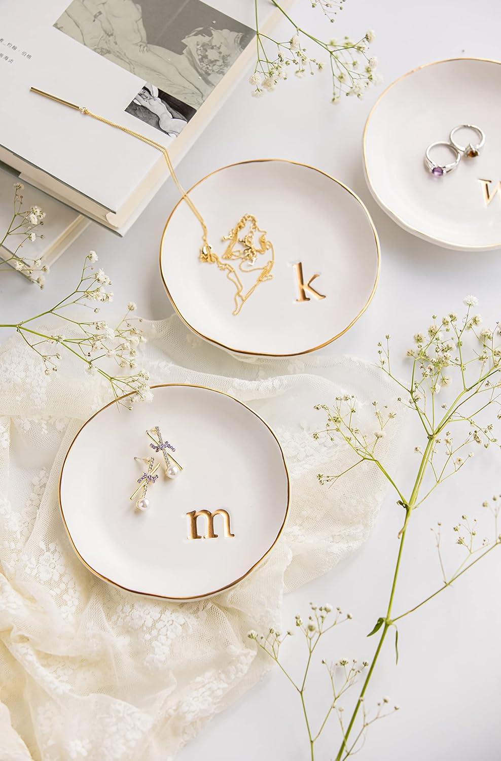 White Ceramic Jewelry Dish with Gold Monogram Accent