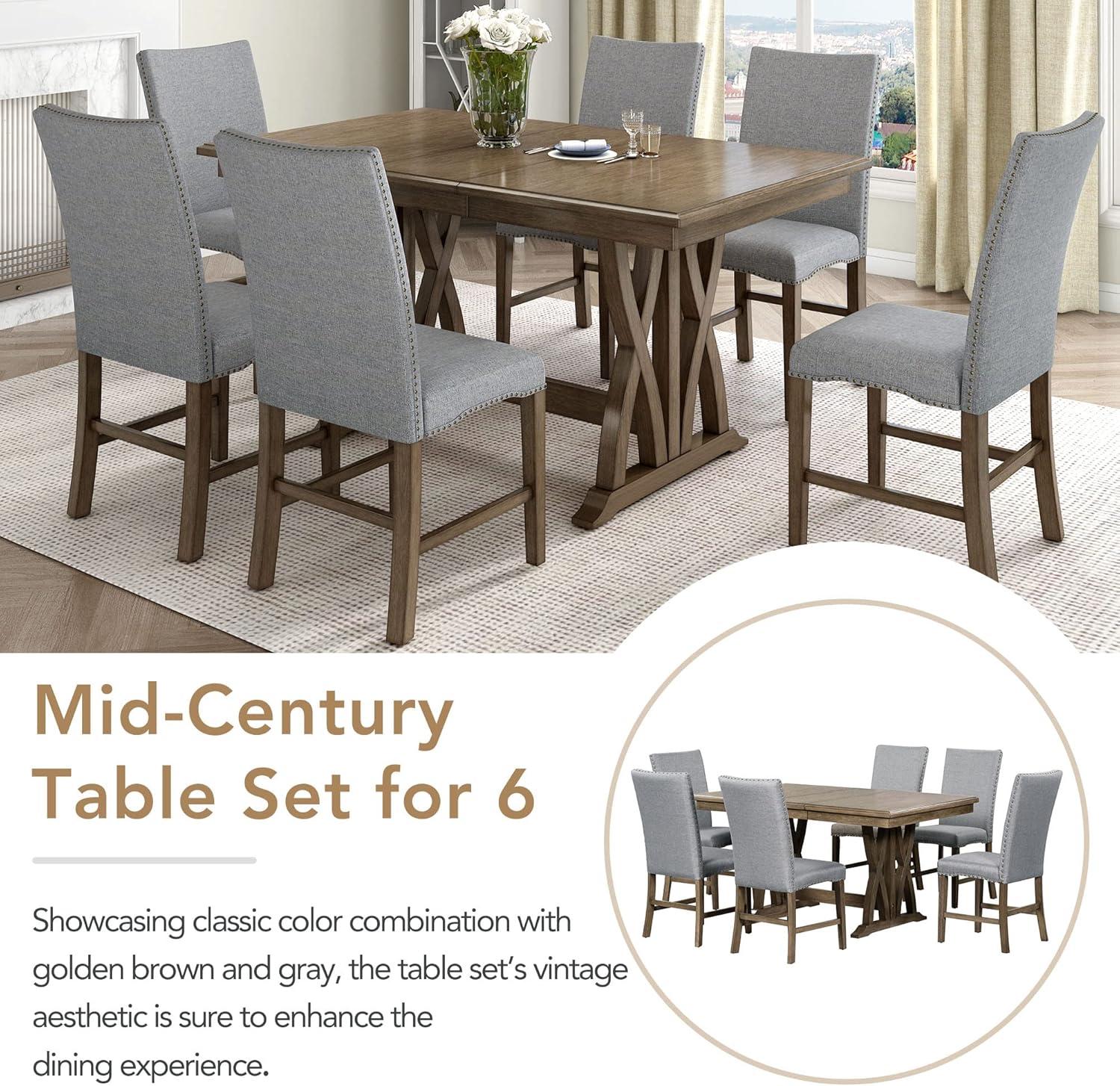 Wood 7-Piece Dining Table Set Extendable Kitchen Table Set with Upholstered Chairs