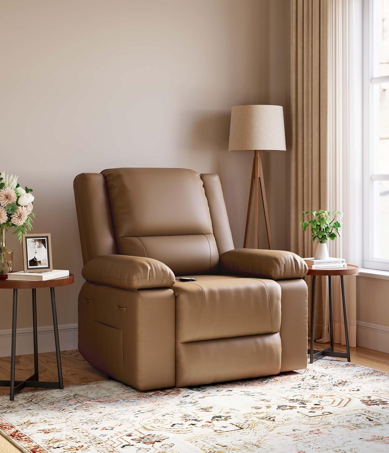 Large Brown Leather Power Lift Recliner with Massage and Heat