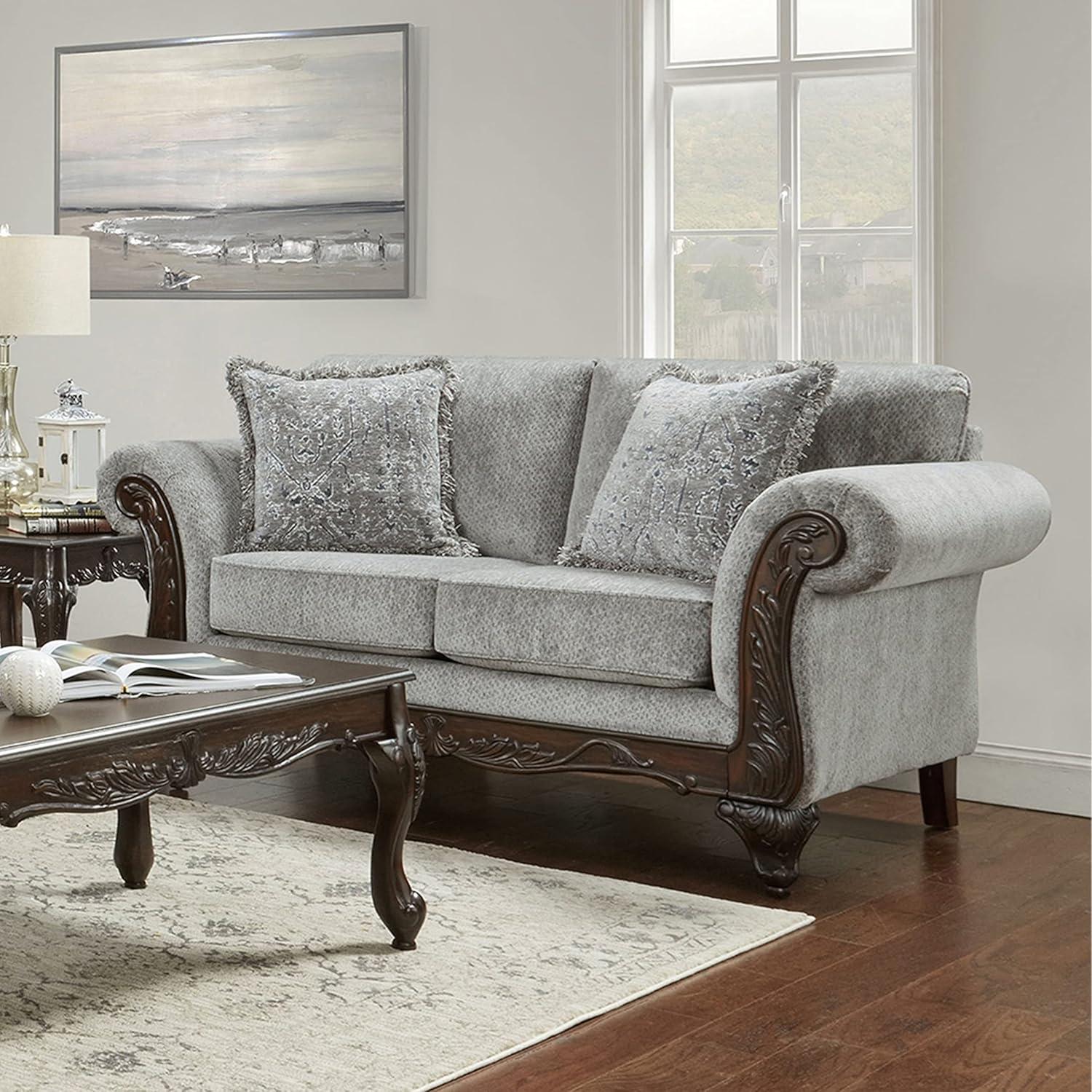 Roundhill Furniture Hernen Carved Wood Frame Polyester Sofa and Loveseat Set, Gray