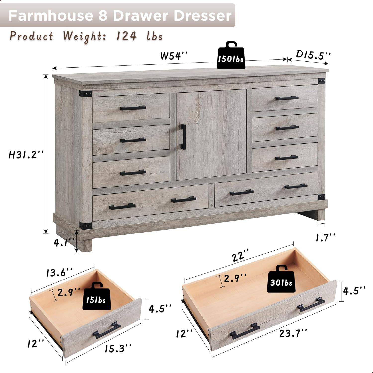 Farmhouse 8 Drawer Dresser for Bedroom with Adjustable Shelf, Wood Long Chest of Drawers with Thick Plank Styling, Rustic Large Closet Dresser for Bedroom, Living Room, Light Rustic Oak Color
