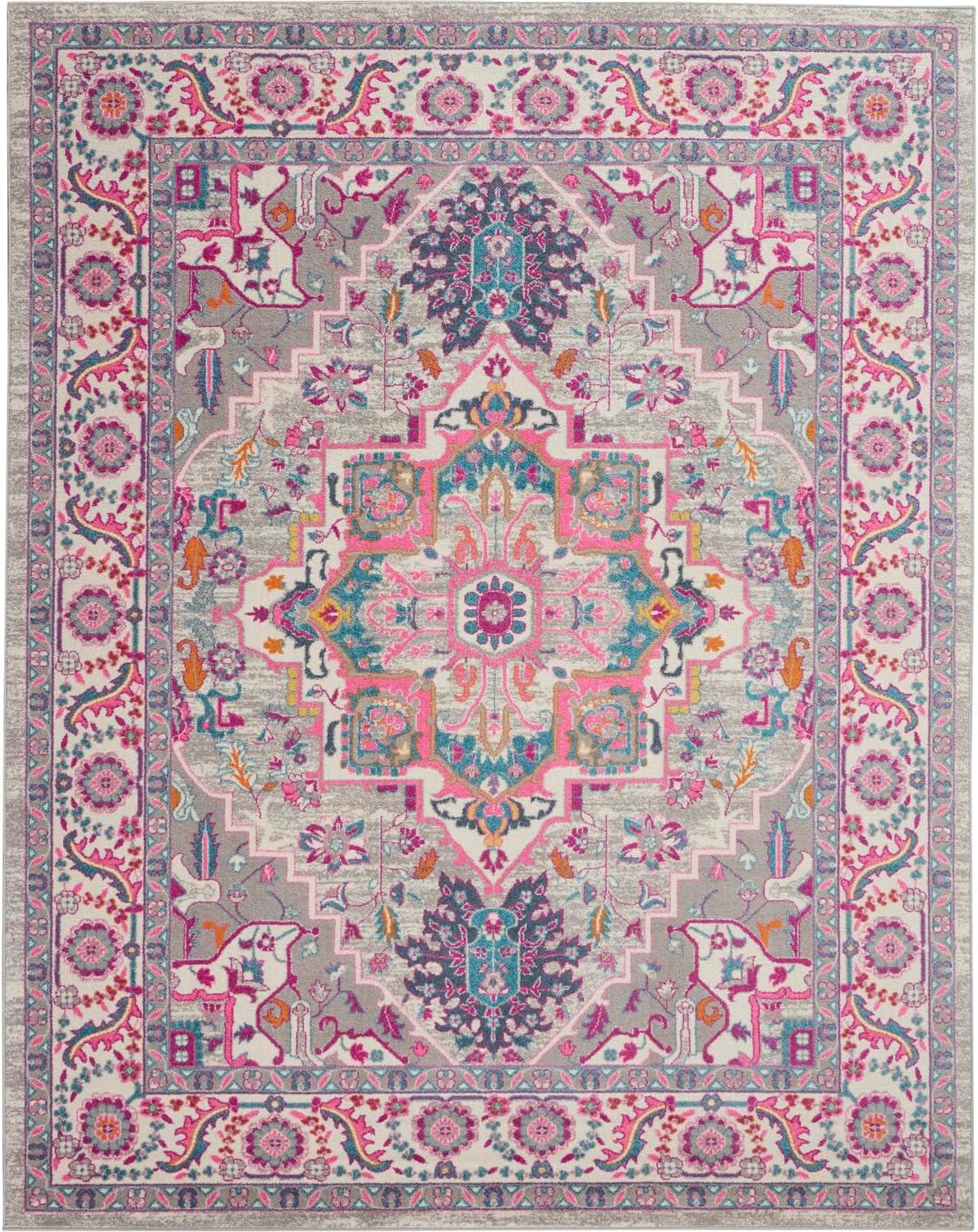 Nourison Passion Colorful Center Medallion Area Rug Light Grey/Pink 8' x 10'