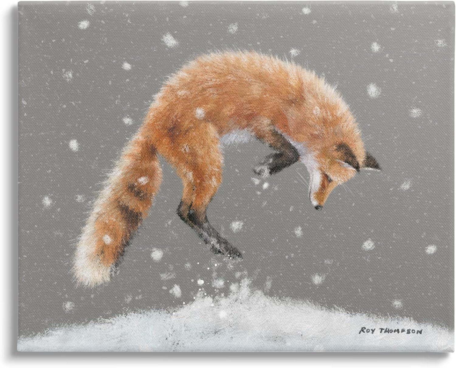 Stupell Industries Jumping Fox Winter Snowfall Holiday Painting Gallery Wrapped Canvas Print Wall Art