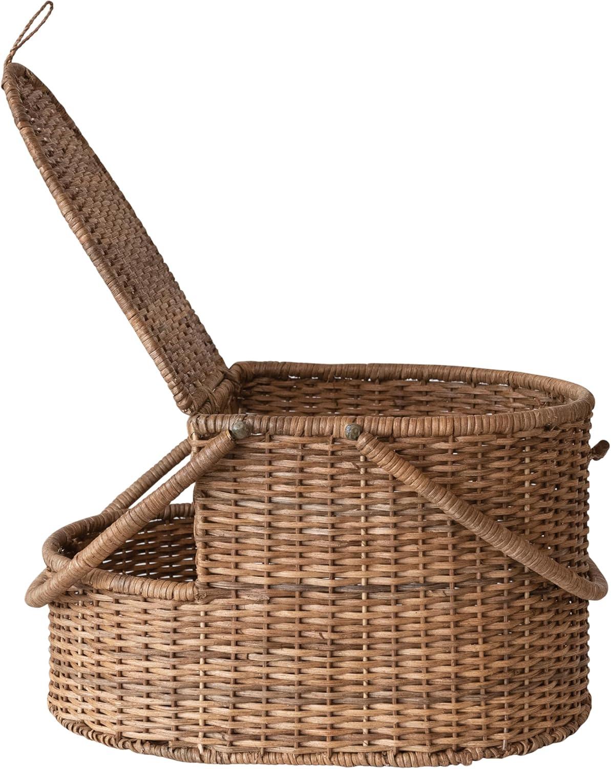 Creative Co-Op Oval Rattan Wicker Picnic Basket with Open Side Compartment, Natural