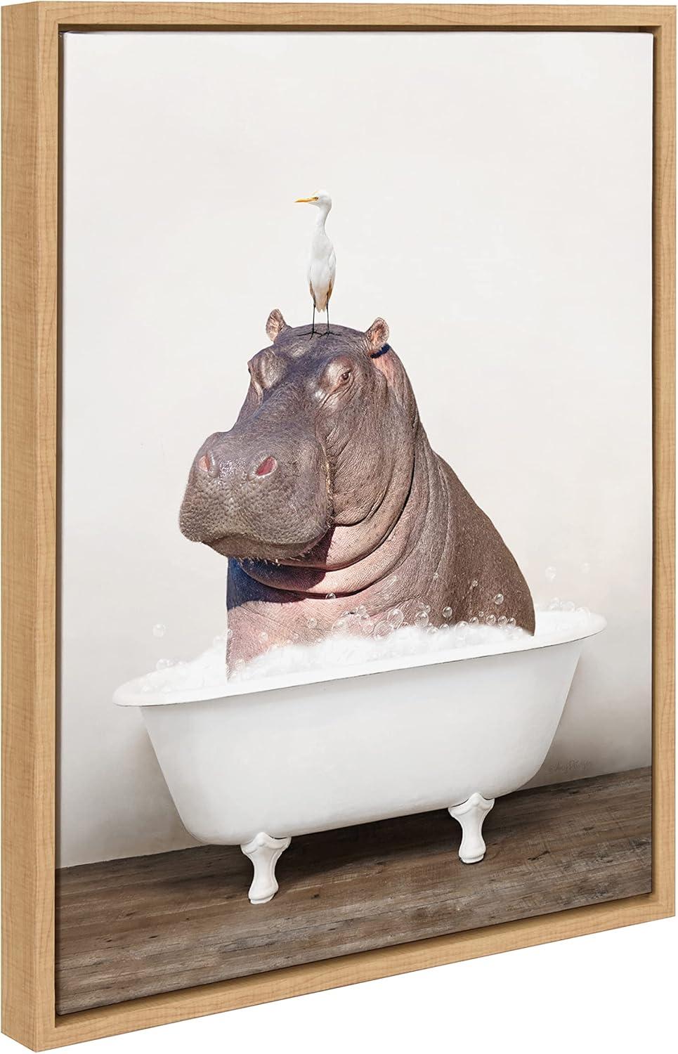 Whimsical Hippo and Bird in Bath Canvas Art