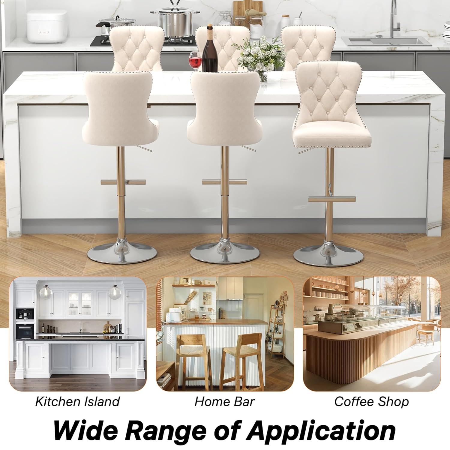 Swivel Bar Stools Set of 2, Height Adjustable Dining Chairs with Rivets, Button Tufted Back and Metal Footrest, Velvet Upholstered Side Chairs, Armless Chairs for Dining Room Bar Kitchen Island