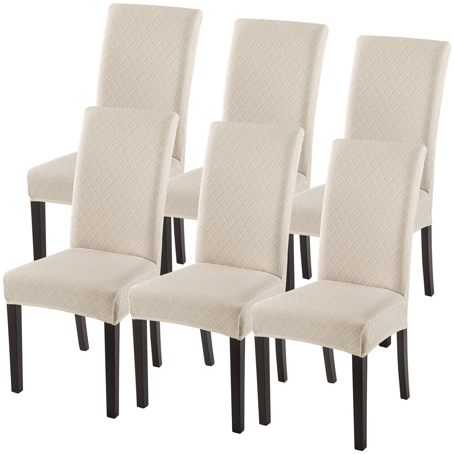 Beige Stretch Jacquard Dining Chair Covers, Set of 4