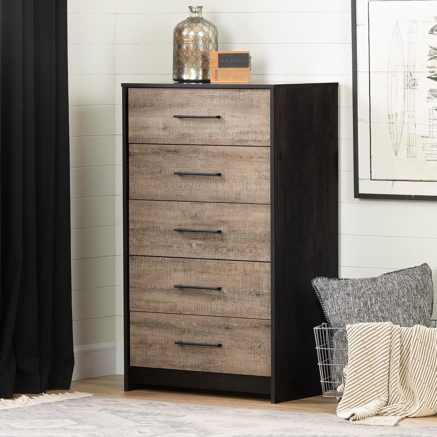 South Shore Londen 5 Drawer Chest Rubbed Black/Weathered Oak: Sturdy Metal Slides, Industrial Design, 5-Year Warranty