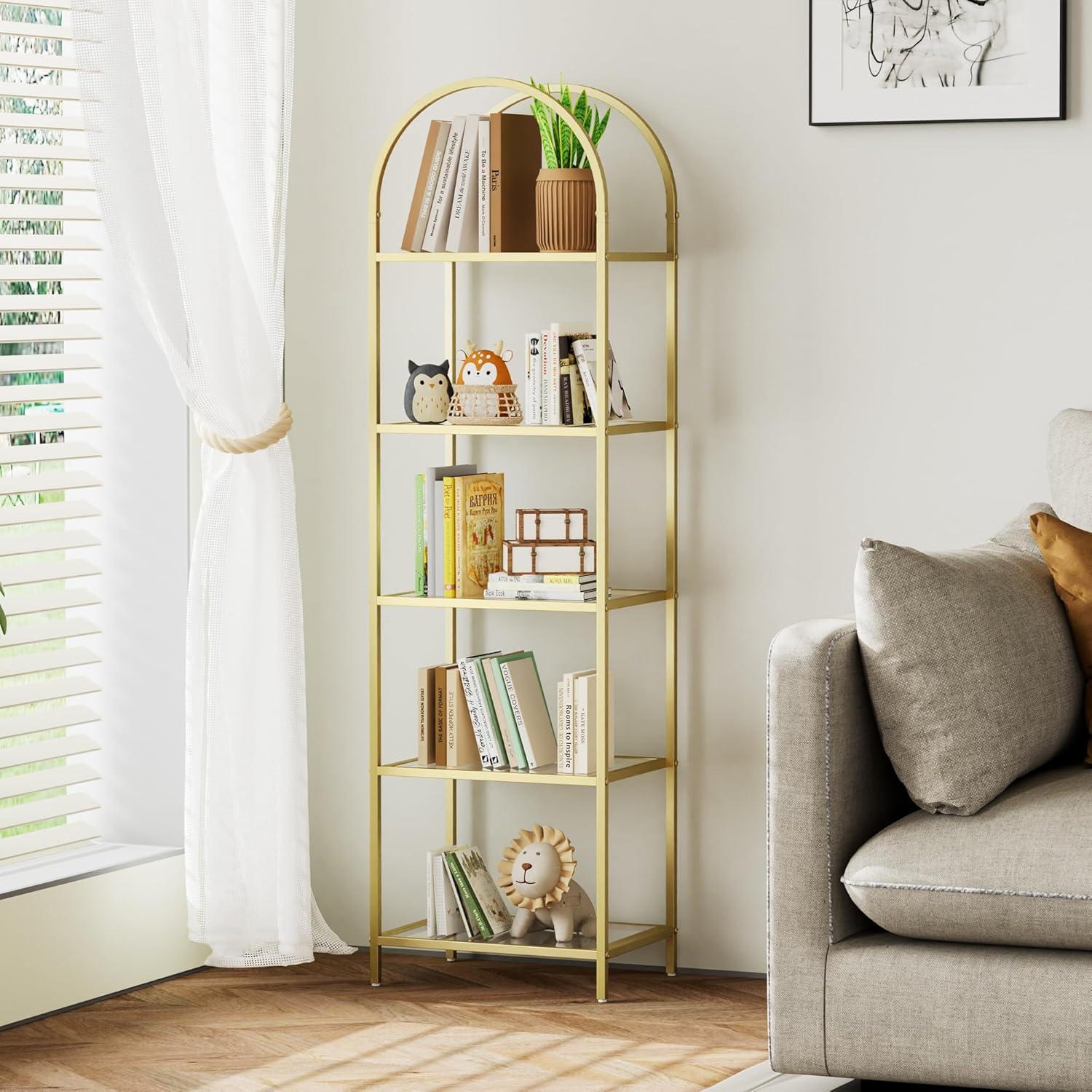 5 Tier Gold Bookshelf, Modern Storage Organizer Shelf, Metal Bookcase Stand for Office, Bedroom Kitchen Living Room
