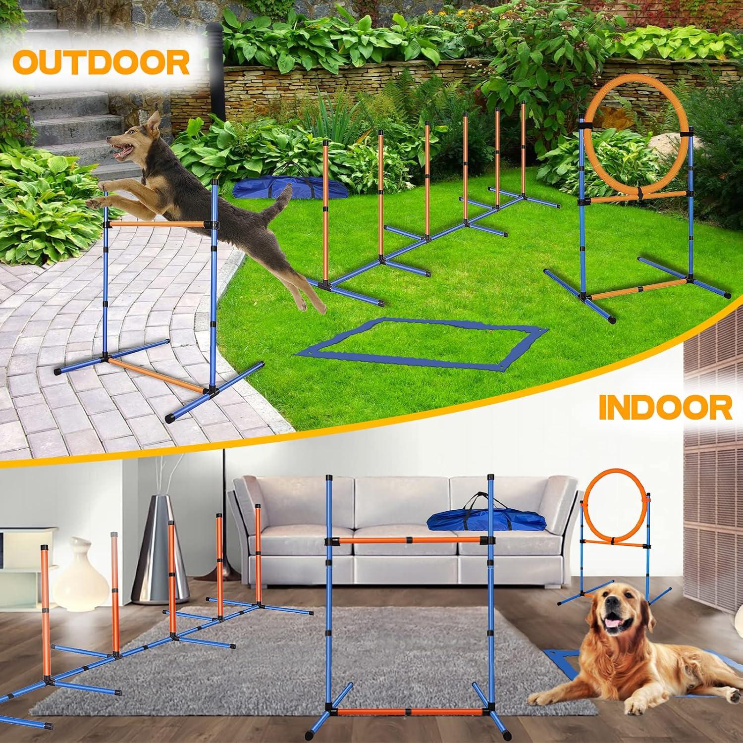 Aukfa Dog Agility Equipment Set, Includes Agility Hurdle, Jumping Ring, Agility Weave Poles and Carrying Bag for Backyard, Indoor, Outdoor