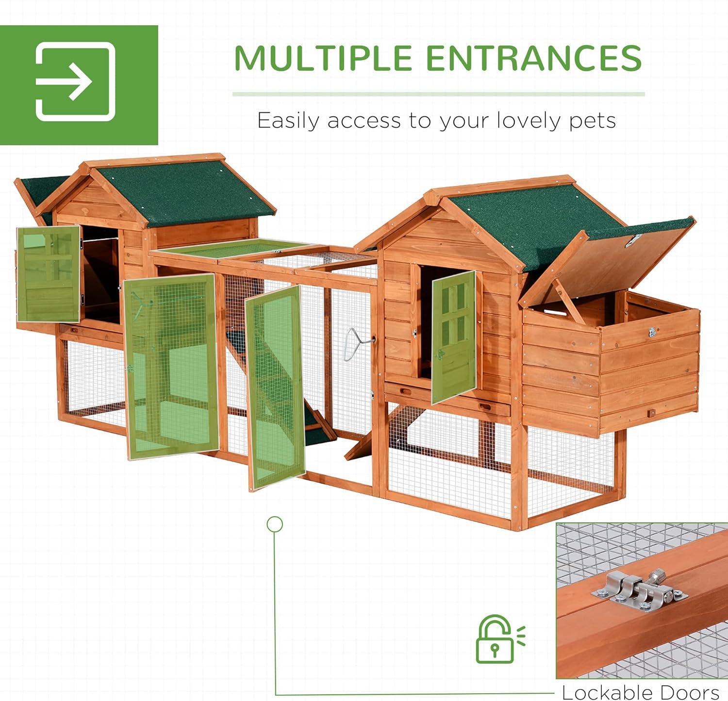 PawHut 124" Dual Chicken Coop, Wooden Large Chicken House, or Rabbit Hutch, Hen Poultry Cage Backyard with Outdoor Ramps and Nesting Boxes, Natural