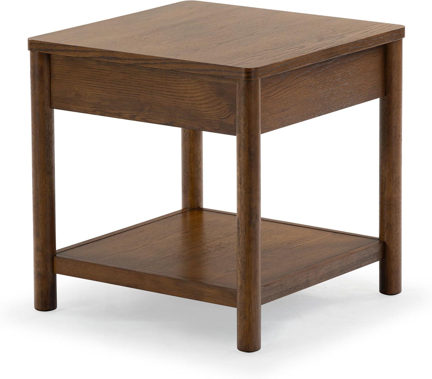 Medium Oak Wood and Metal End Table with Storage Drawer