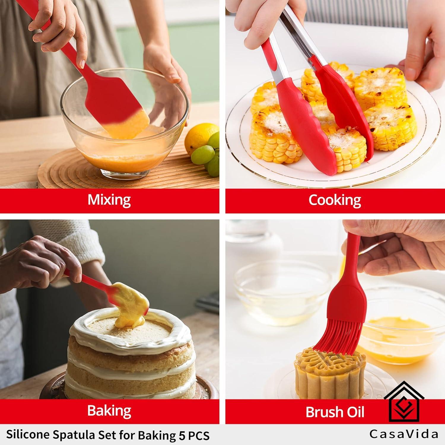 Food Grade Silicone Rubber Spatula Set for Baking, 5 Pcs  BPA-Free Cooking, and Mixing High Heat Resistant Non Stick Dishwasher- Red