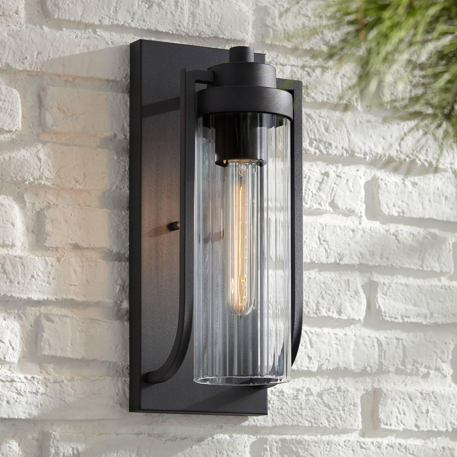 Possini Euro Design Bogota Modern Outdoor Wall Light Fixtures Set of 2 Textured Black 15 1/2" Clear Ribbed Glass for Post Exterior Barn