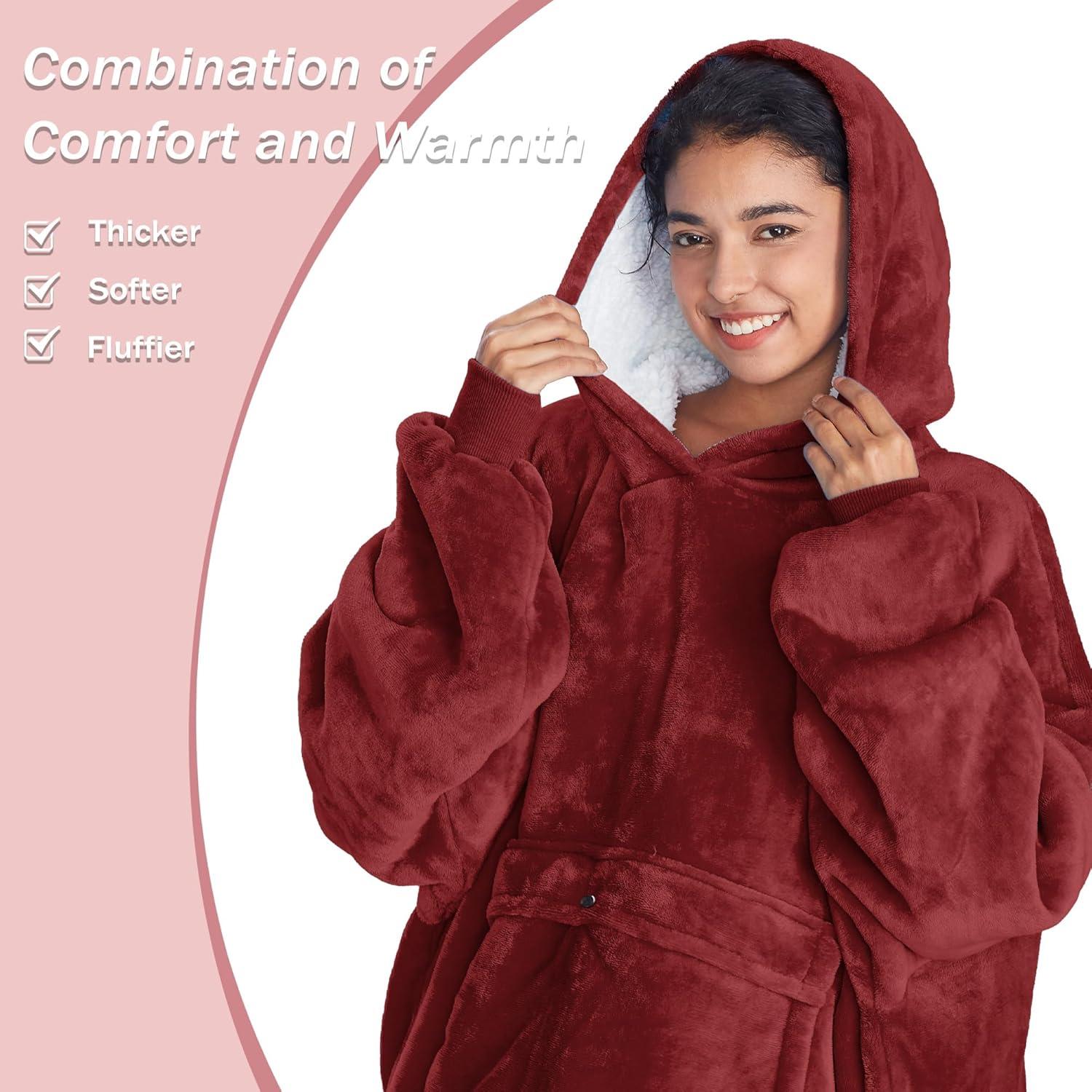 Womens Oversized Flannel Blanket Hoodie Sweatshirt, Plush Fleece Lined Lounging Pullover, Christmas Gift for Women (Dark Red) - Catalonia
