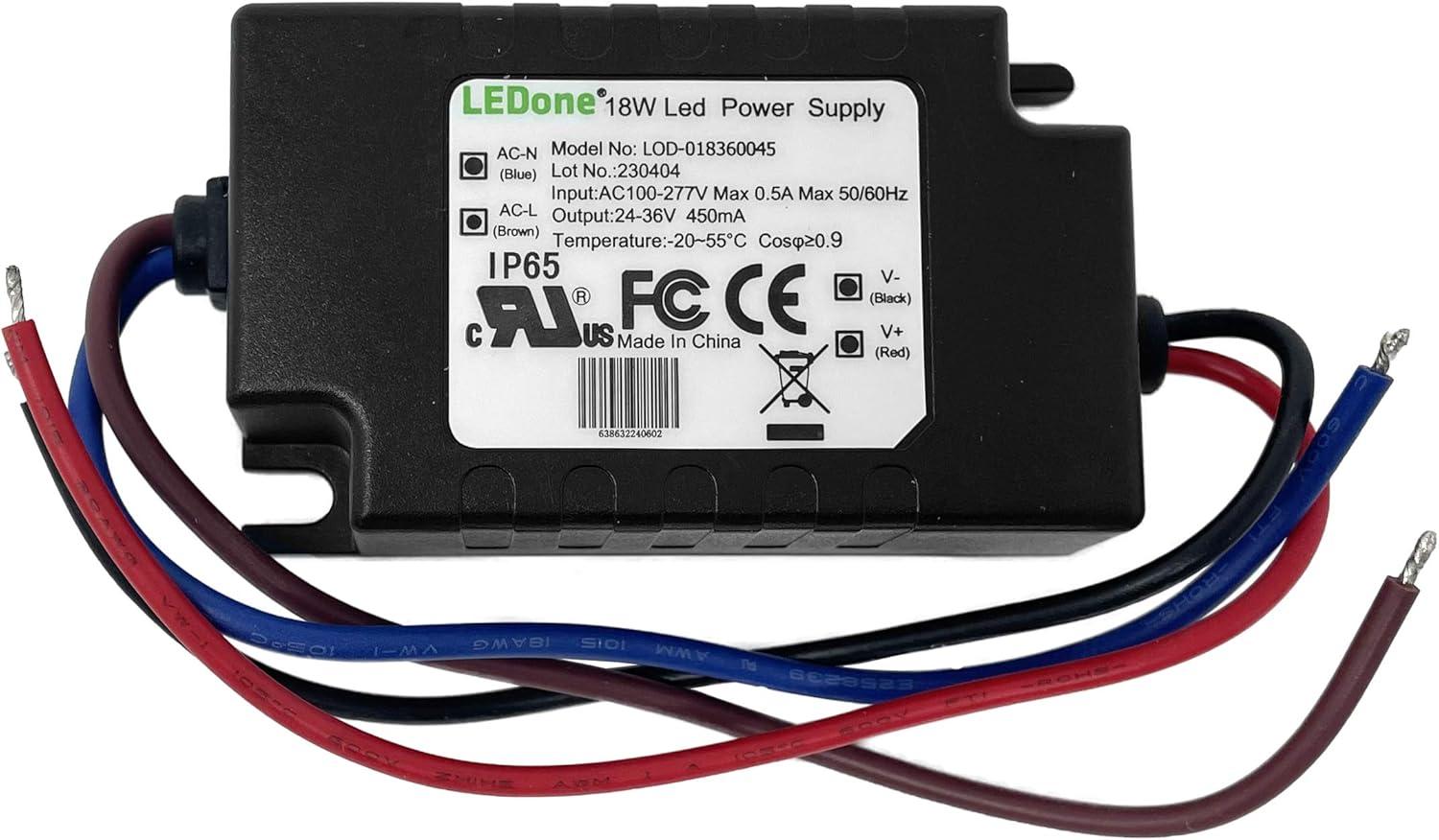 LEDONE LED Driver 450mA (Constant Current Output), 18W Waterproof IP65 LED Power Supply Lighting Transformer 100V-270V AC to 24-36V DC Low Voltage Output for Outdoor or Indoor LED Lights