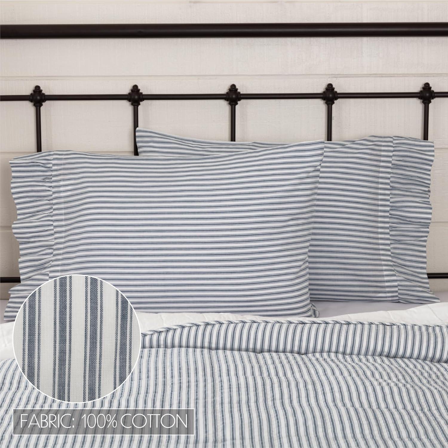 VHC Brands Sawyer Mill Ticking Striped Cotton Farmhouse Standard Bedding Accessory, Pillowcase Set 21x30, Blue Denim