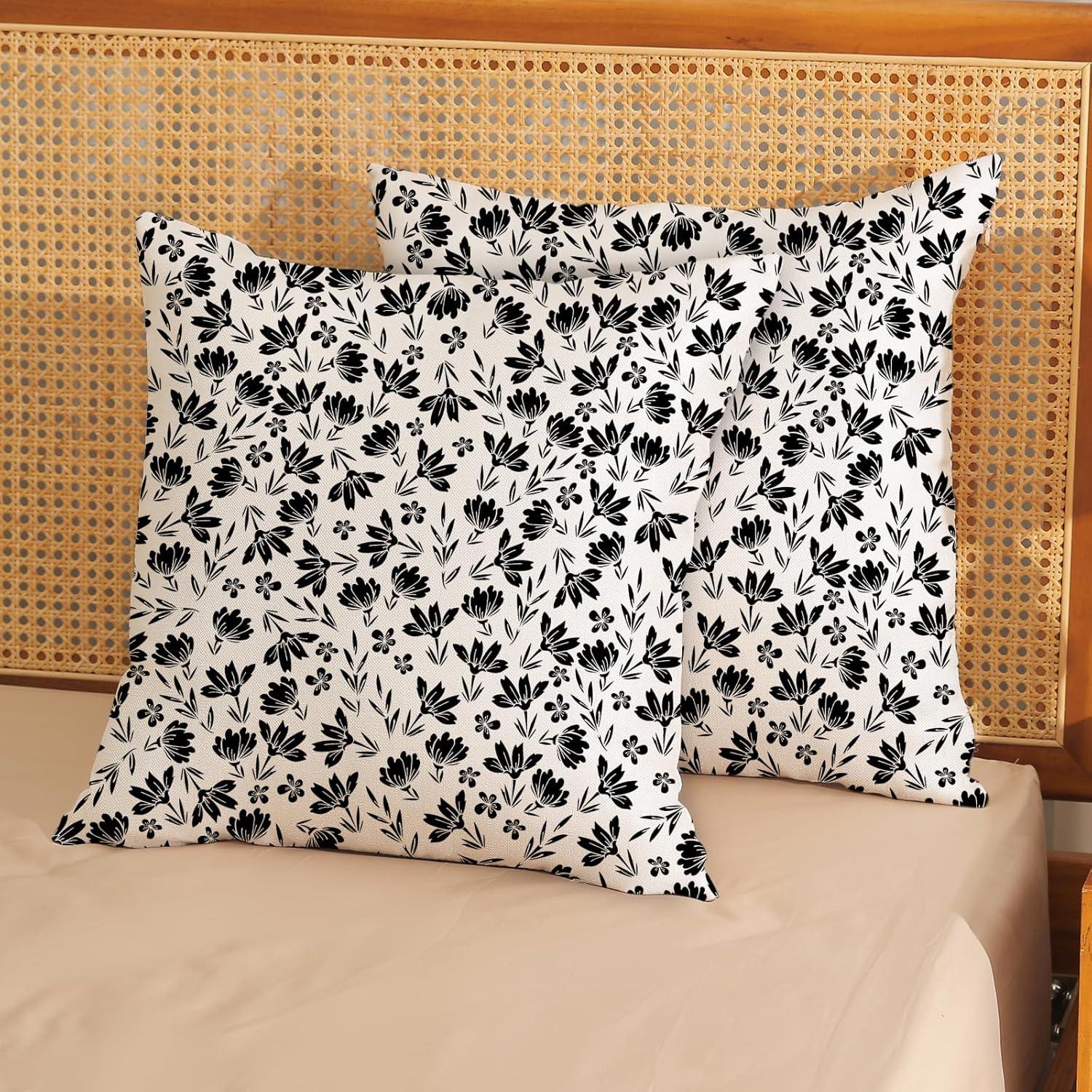 Chinoiseries Spring Pillow Covers 18x18 Set of 2, Black White Birds and Floral Throw Pillows Farmhouse Vintage Outdoor Decorative Cushion Case Decorations for Home Couch Sofa